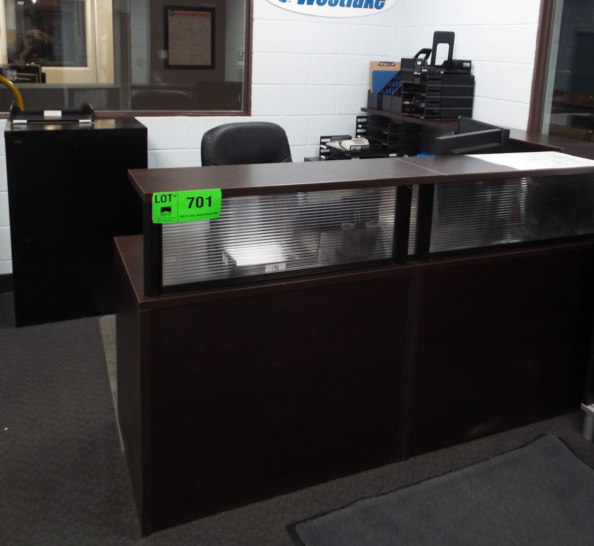 LOT/ RECEPTION DESK WITH OFFICE CHAIR, BOOKSHELF, 3 DRAWER FILE CABINET AND (2) CHAIRS