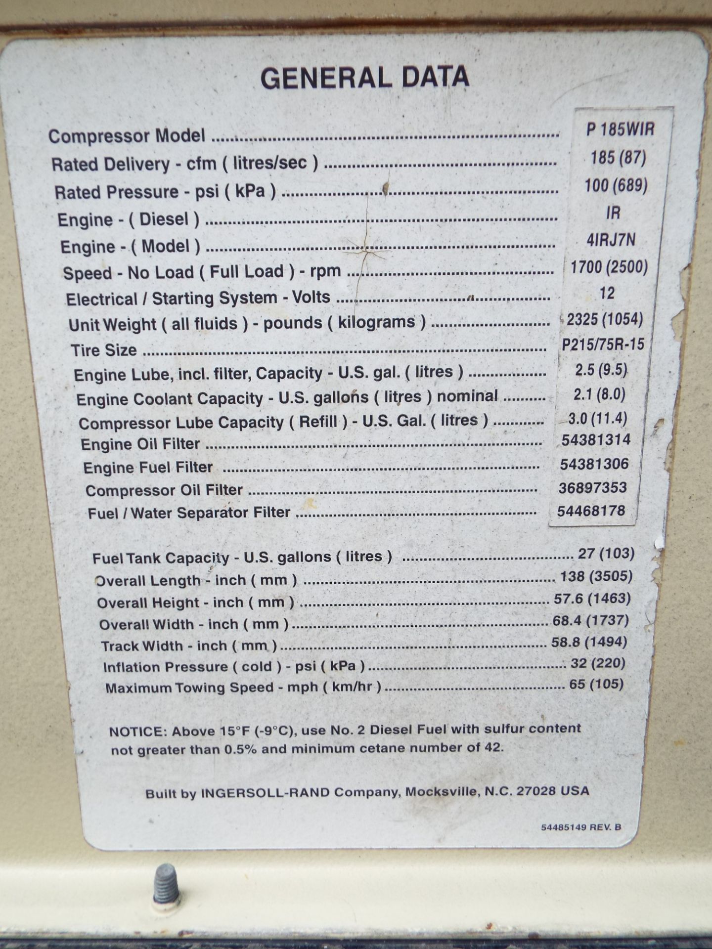 INGERSOLL RAND P185 PORTABLE TOW-BEHIND AIR COMPRESSOR WITH DIESEL ENGINE, S/N: 320067UCL295 - Image 4 of 5