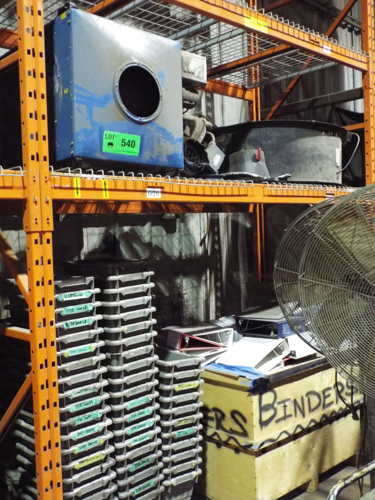 LOT/ CONTENTS OF RACK INCLUDING NEDERMAN PARTS, SHOP FAN AND STORAGE BINS