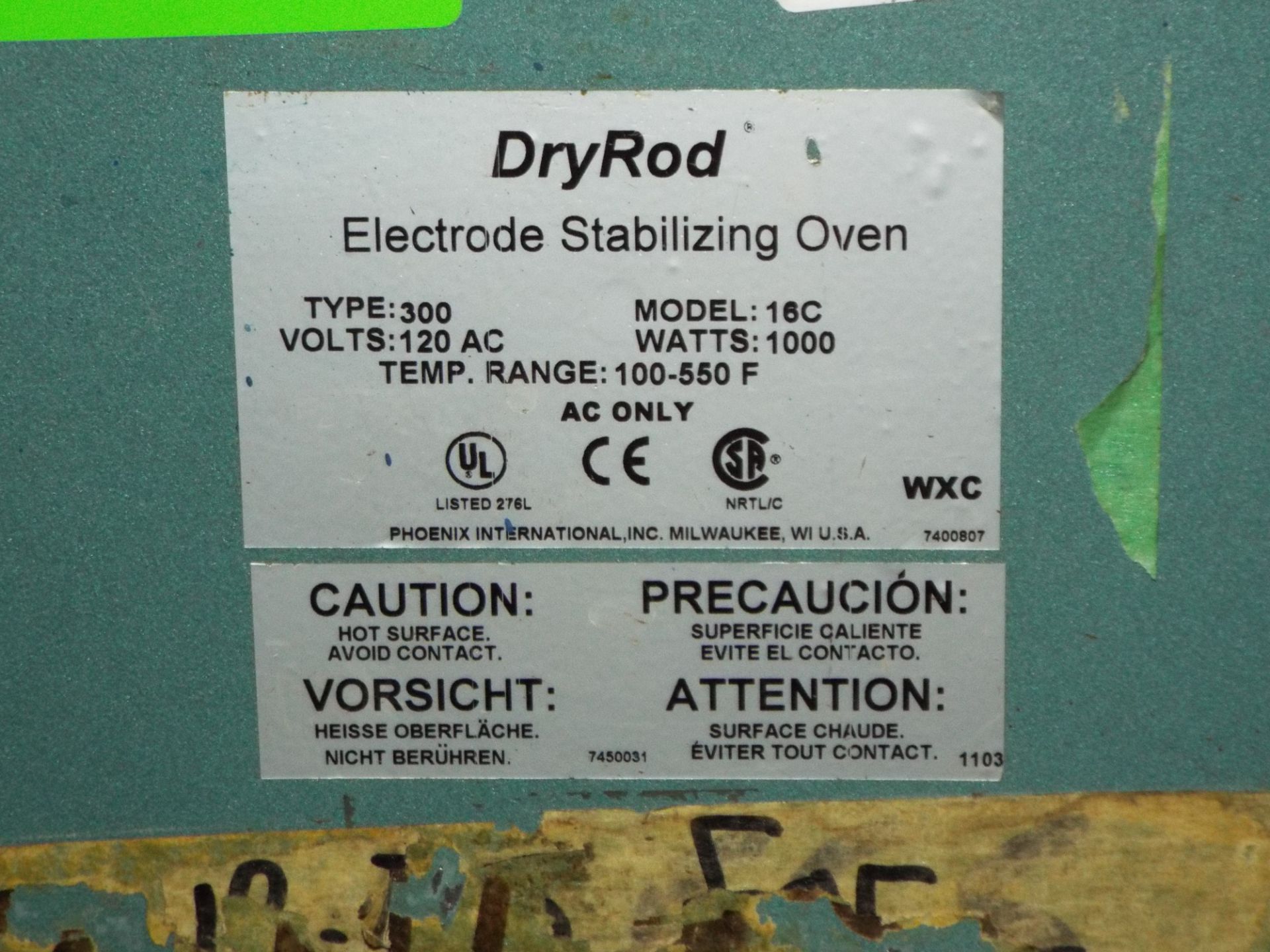 DRYROD MODEL 16C ELECTRODE STABILIZING OVEN WITH 100-550 DEG. F. TEMPERATURE RANGE, S/N: N/A - Image 2 of 2