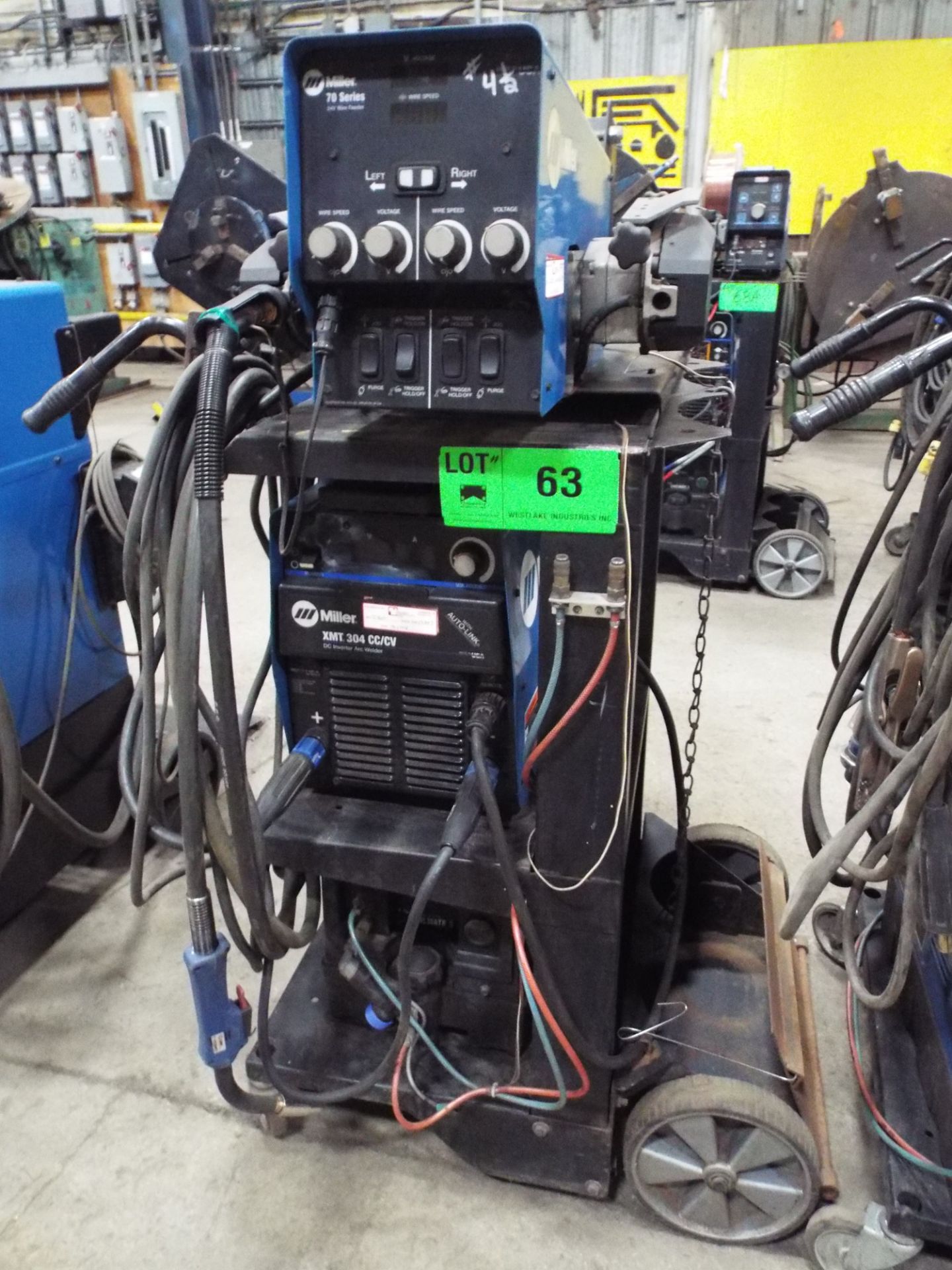 MILLER (2006) XMT 304 CC/CV MIG WELDER WITH MILLER 70 SERIES 24V TWIN REEL WIRE FEEDER, MILLER