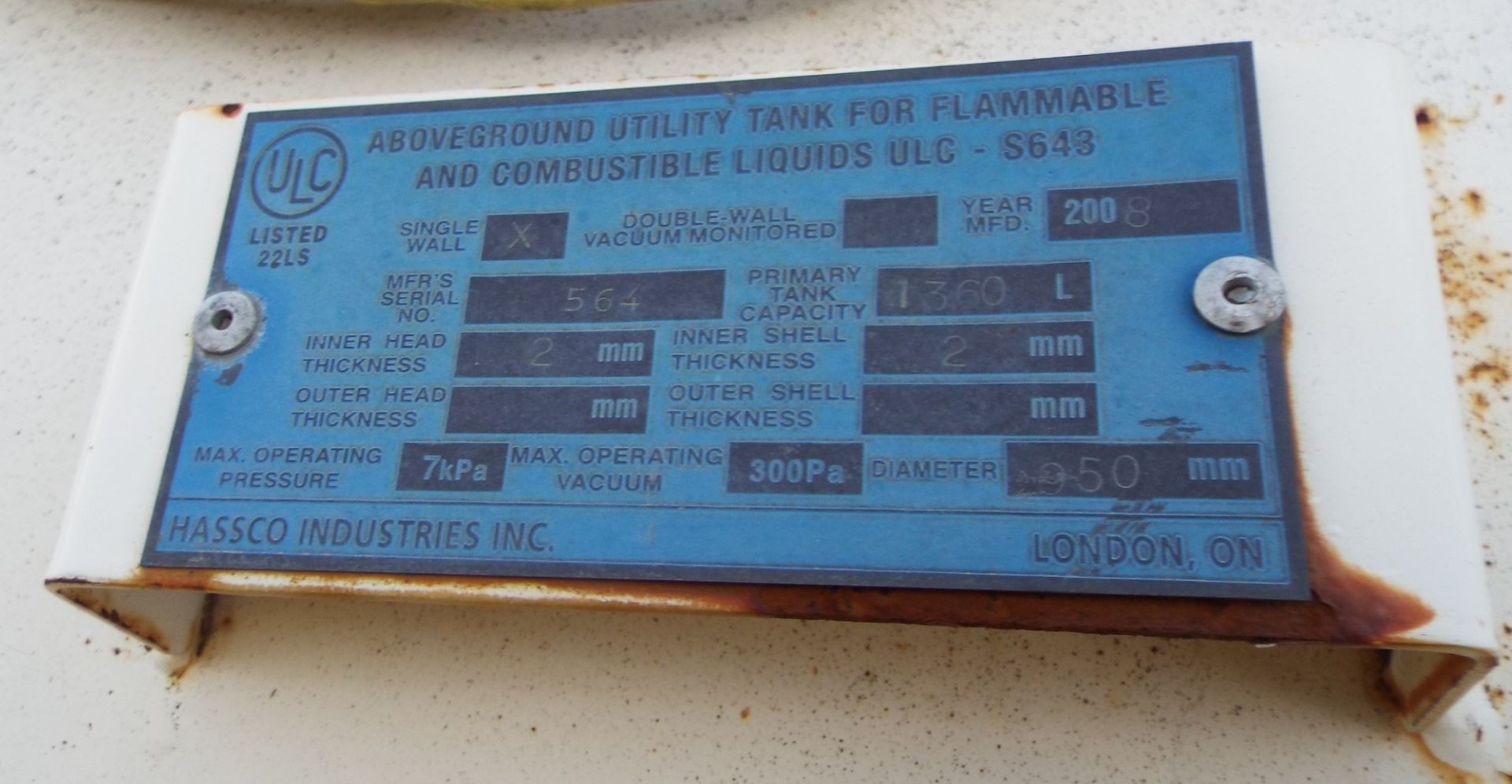 HASSCO INDUSTRIES (2008) ABOVE GROUND DIESEL FUEL STORAGE TANK WITH FILL-RITE 13 GPM ELECTRIC PUMP - Image 4 of 4