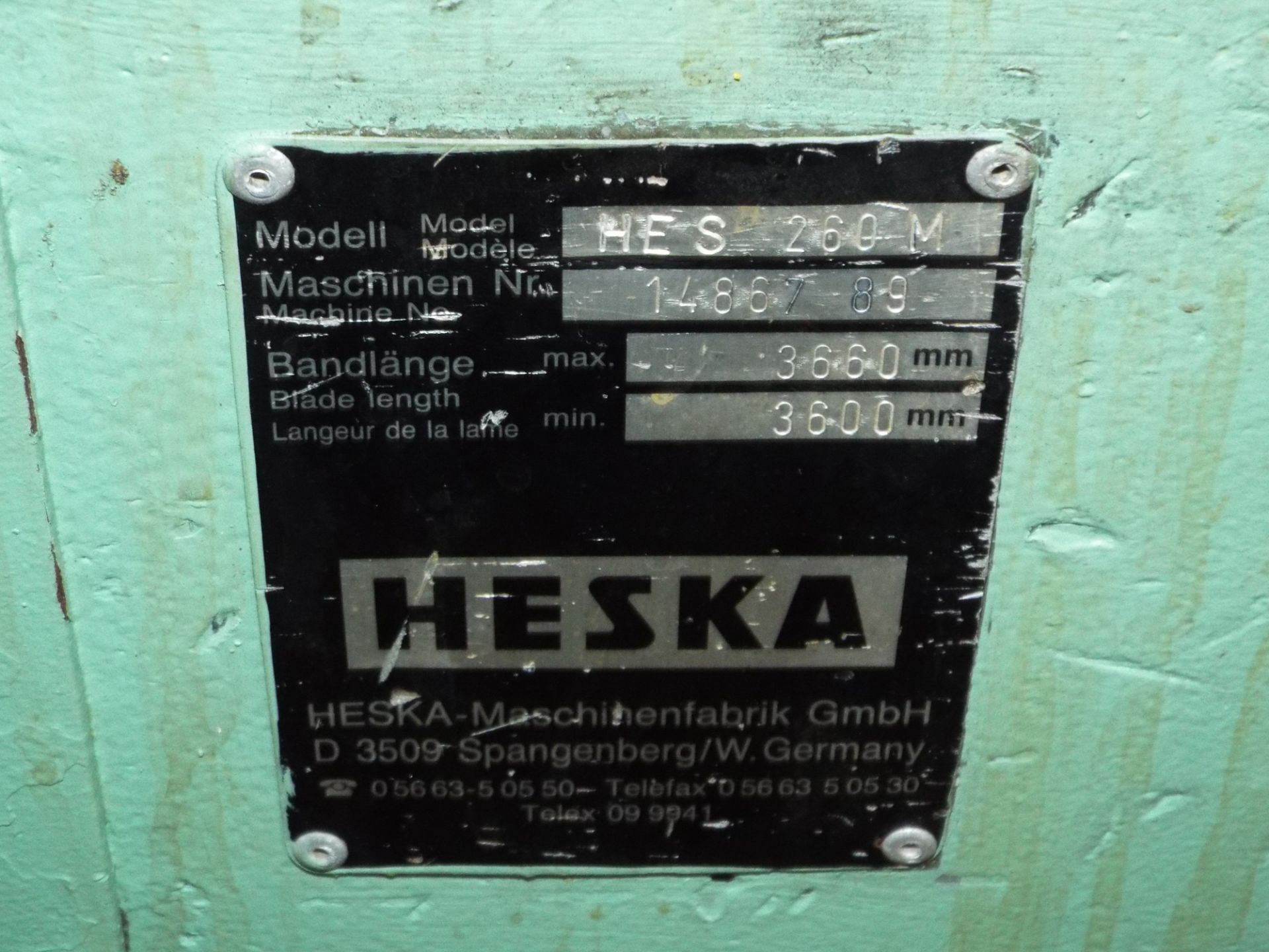 HESKA HES 260M HORIZONTAL METAL CUTTING BAND SAW WITH 10"X20" CAPACITY, S/N: 14867-89 [RIGGING FEE - Image 3 of 3