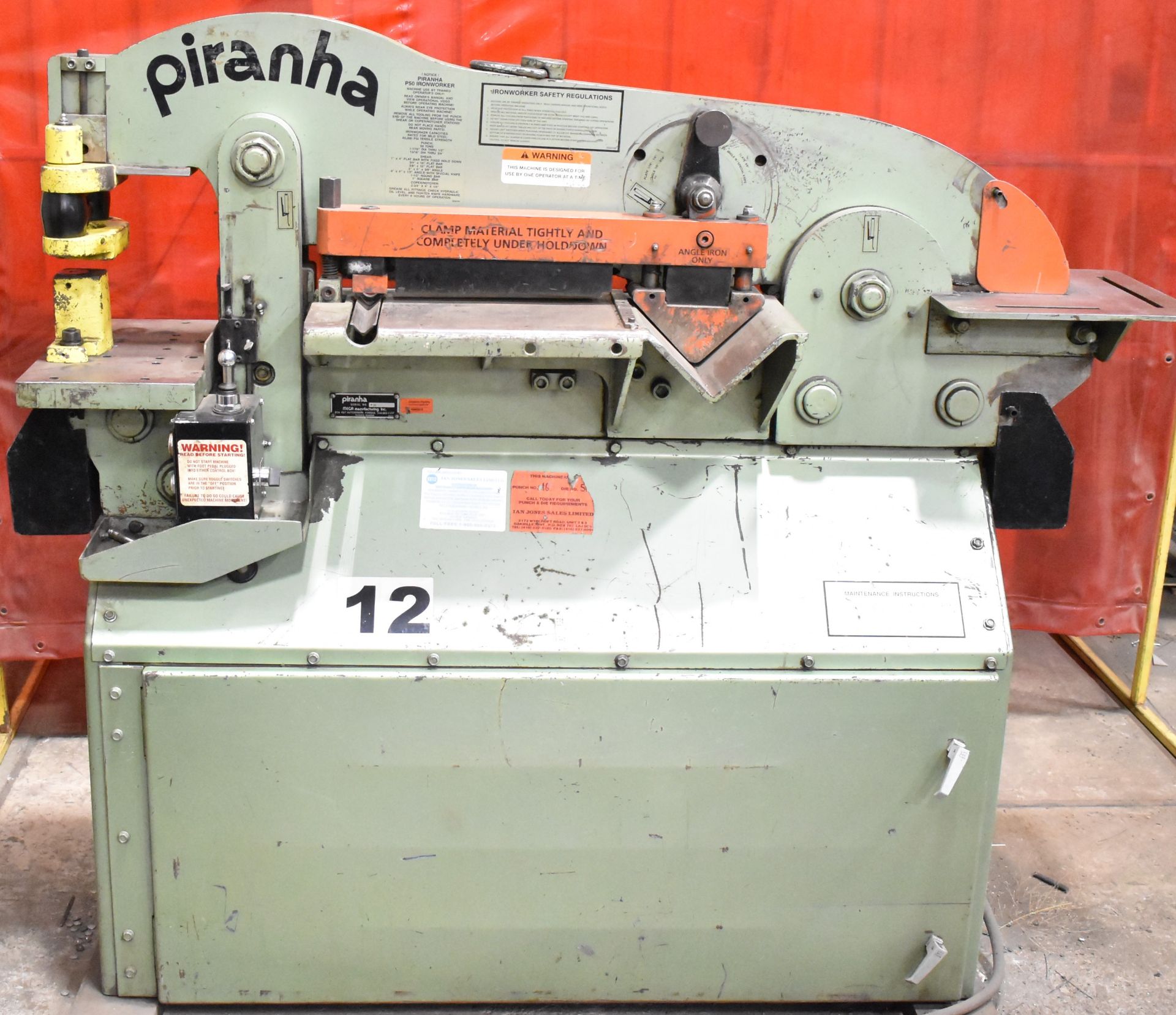 PIRANHA P50 HYDRAULIC IRON WORKER WITH 50 TON CAPACITY, 5" THROAT, 3.375" STROKE, 3 HP, PUNCH: 1-1/