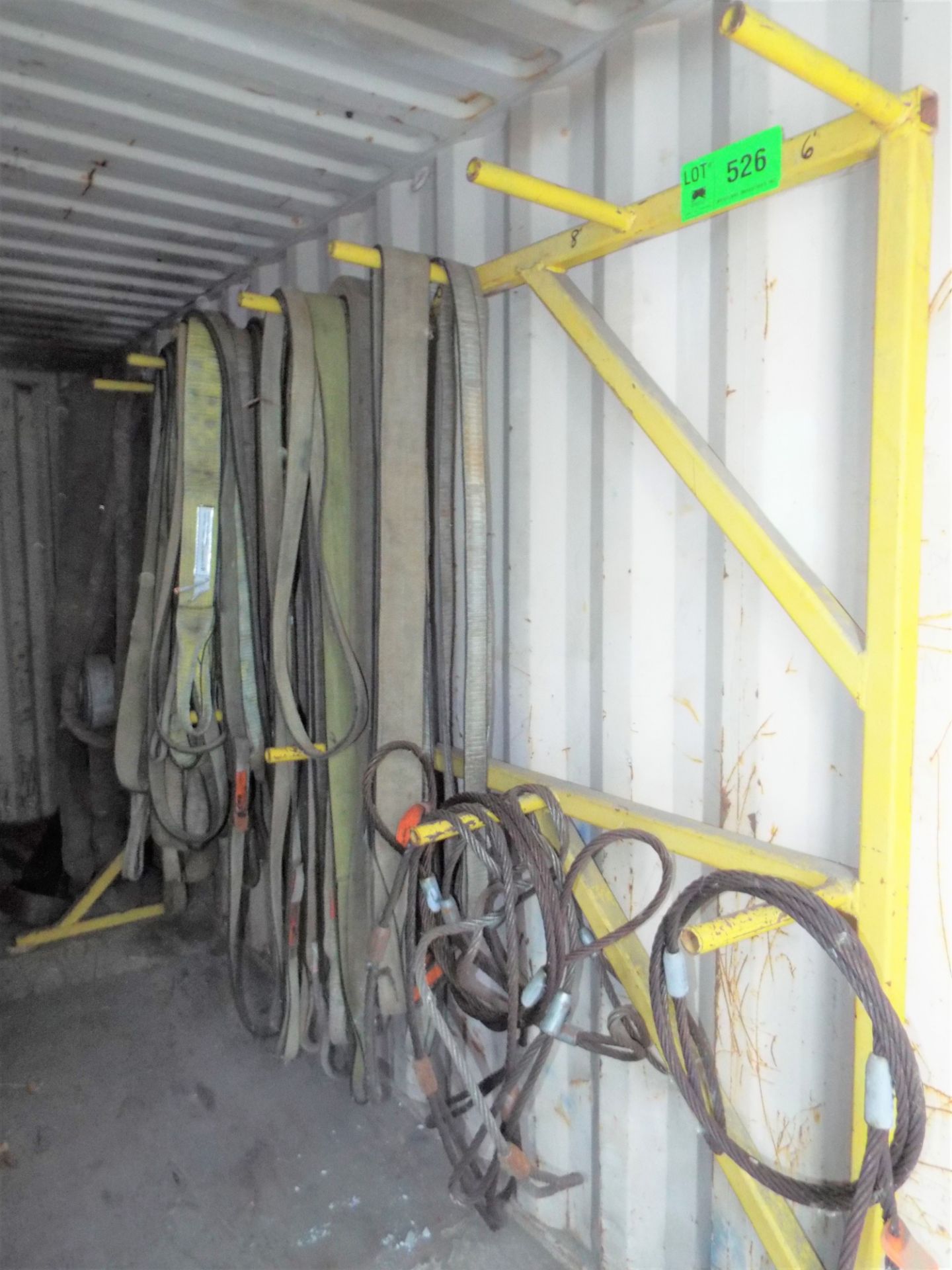 LOT/ CONTENTS OF SEA CONTAINER - LIFTING SLINGS, TIE DOWN RATCHET STRAPS, JOB BOX WITH TOOLS AND