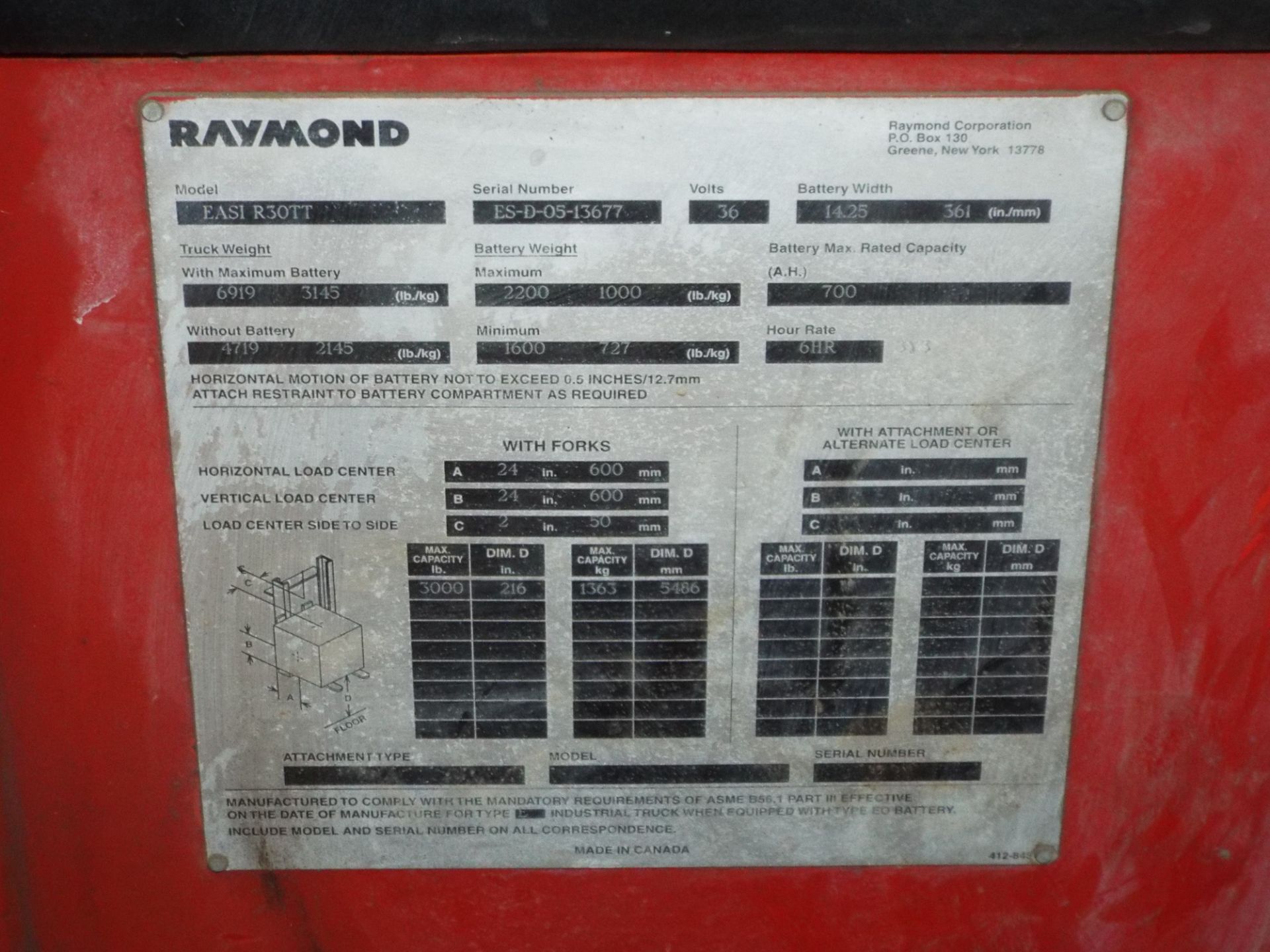 RAYMOND EASI R30TT 36V STAND UP ELECTRIC REACH TRUCK WITH 3000 LB. CAPACITY, 216" VERTICAL LIFT, S/ - Image 4 of 4