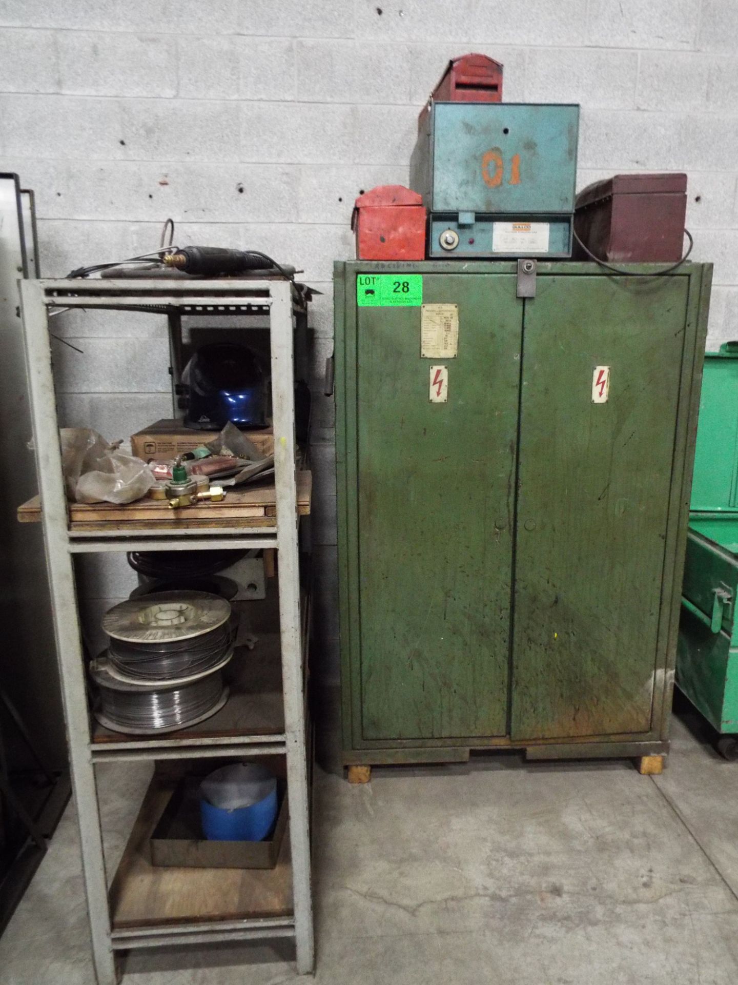 LOT/ WELDING SUPPLIES INCLUDING ELECTRODE OVER, CONSUMABLES, WELDING CABINET AND SHELF WITH