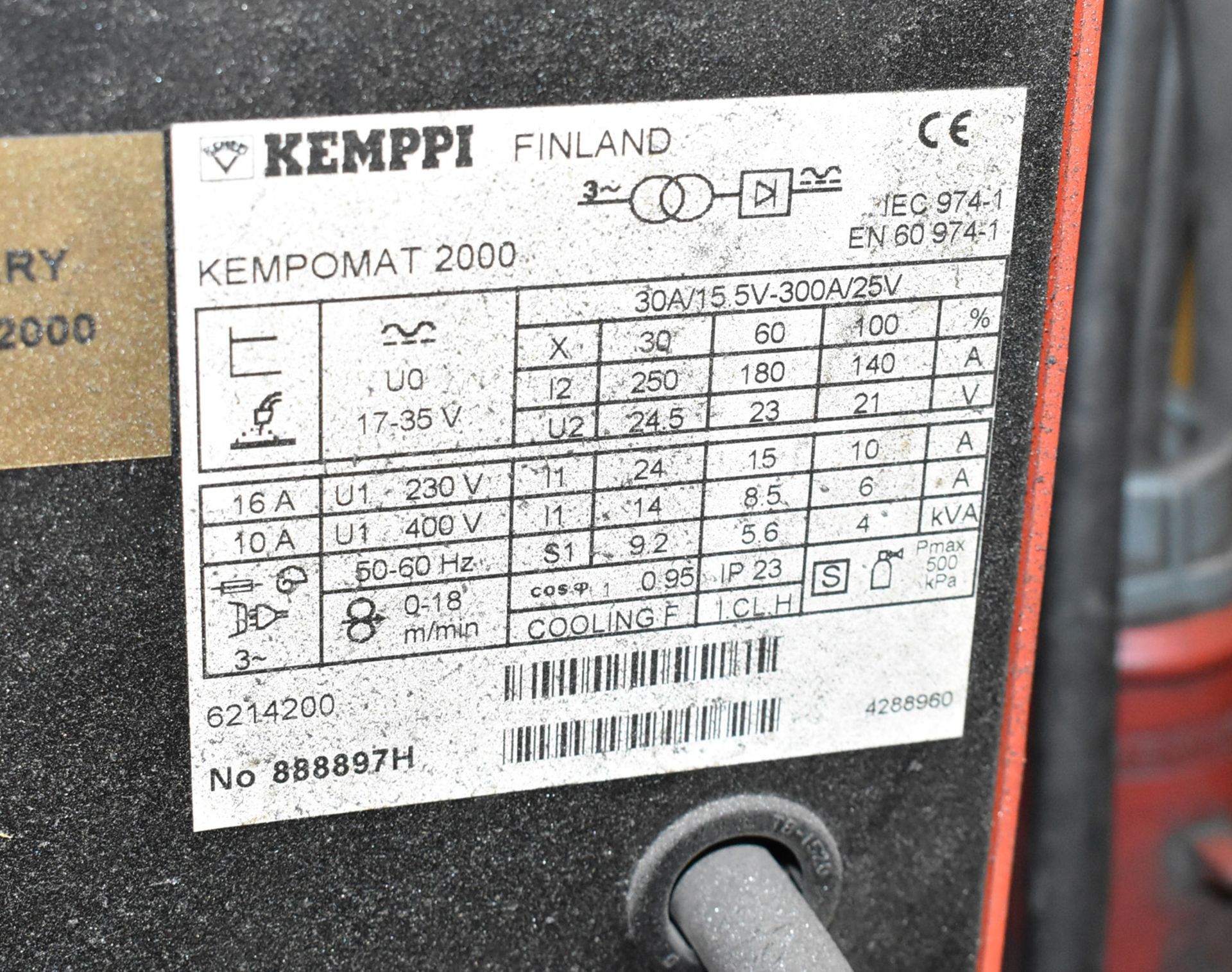 KEMPPI KEMPOMAT SPECIAL 2000 PORTABLE MIG WELDER WITH CABLES AND GUN, S/N 888897H (NO TANK) (BAU - Image 5 of 5