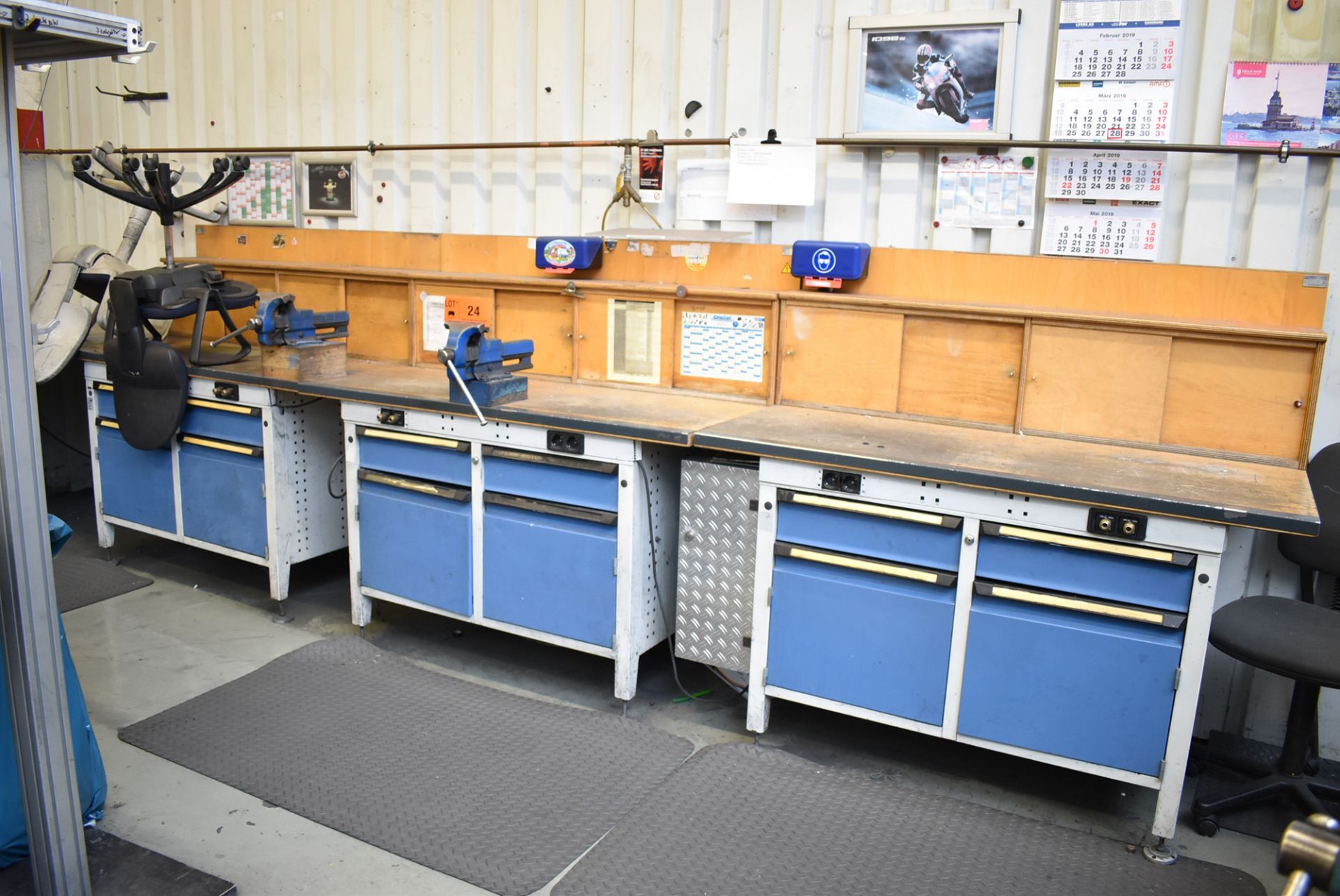 LOT/ (3) KIND WOOD TOP WORK BENCHES WITH (2) 140MM VISES, POWER AND AIR OUTLETS (BAU 9) [Removal Fee