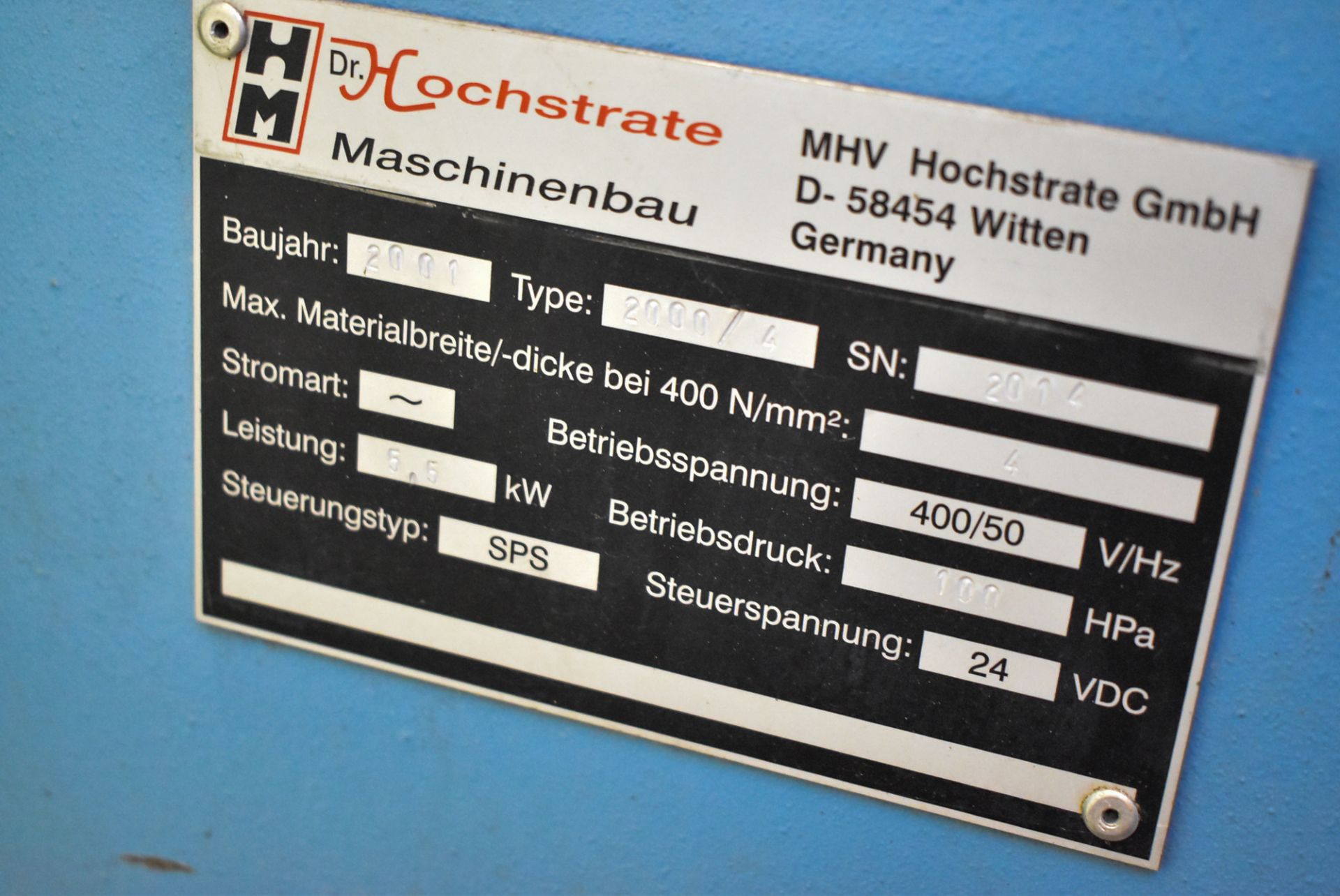 HOCHSTRATE MASCHINENBAU (2000) 2000/4 HYDRAULIC PRESS BRAKE WITH 2000 MM X 4 MM CAPACITY, S/N - Image 5 of 5