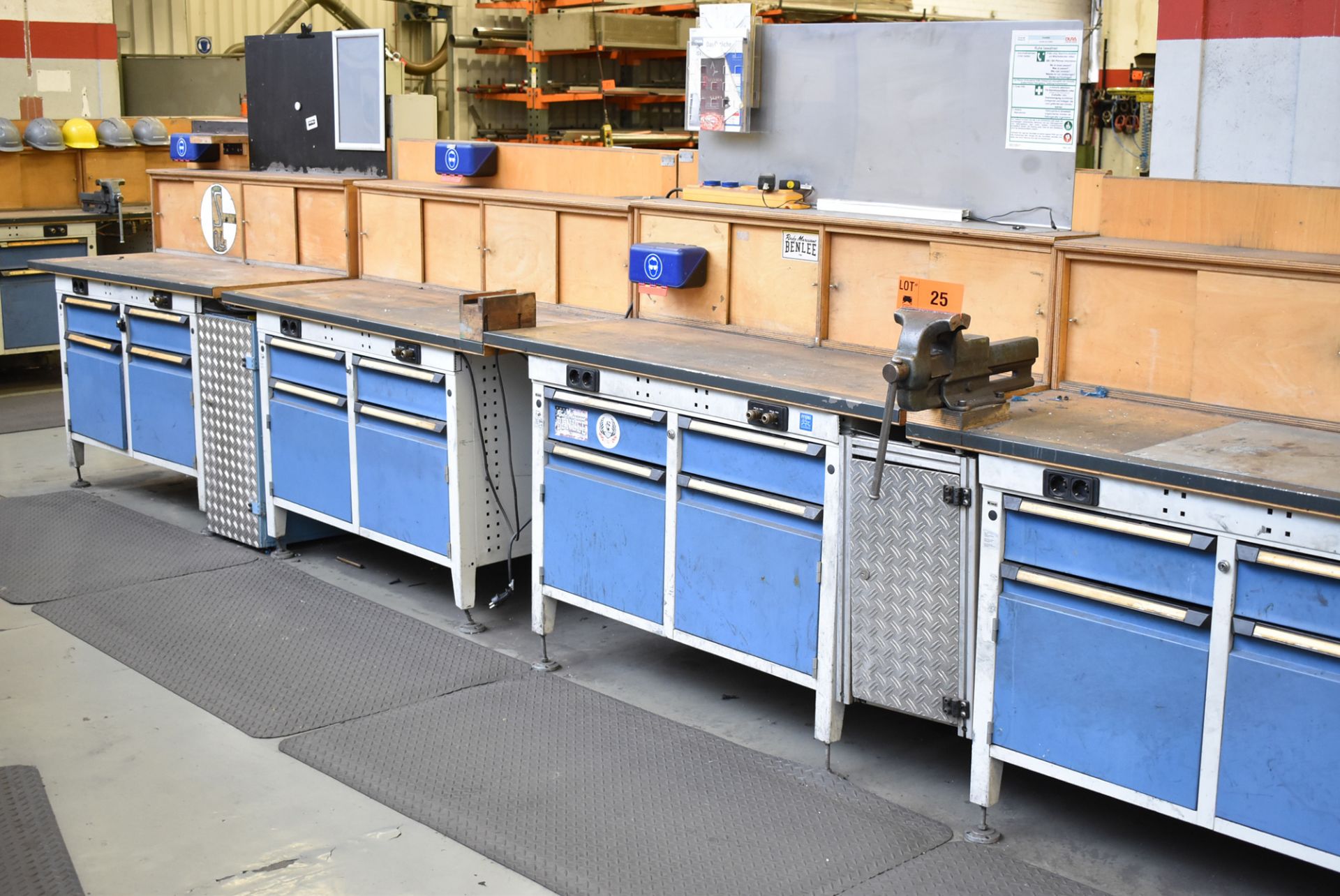 LOT/ (8) KIND WOOD TOP WORK BENCHES WITH (3) 140MM VISES, POWER AND AIR OUTLETS (BAU 9) [Removal Fee