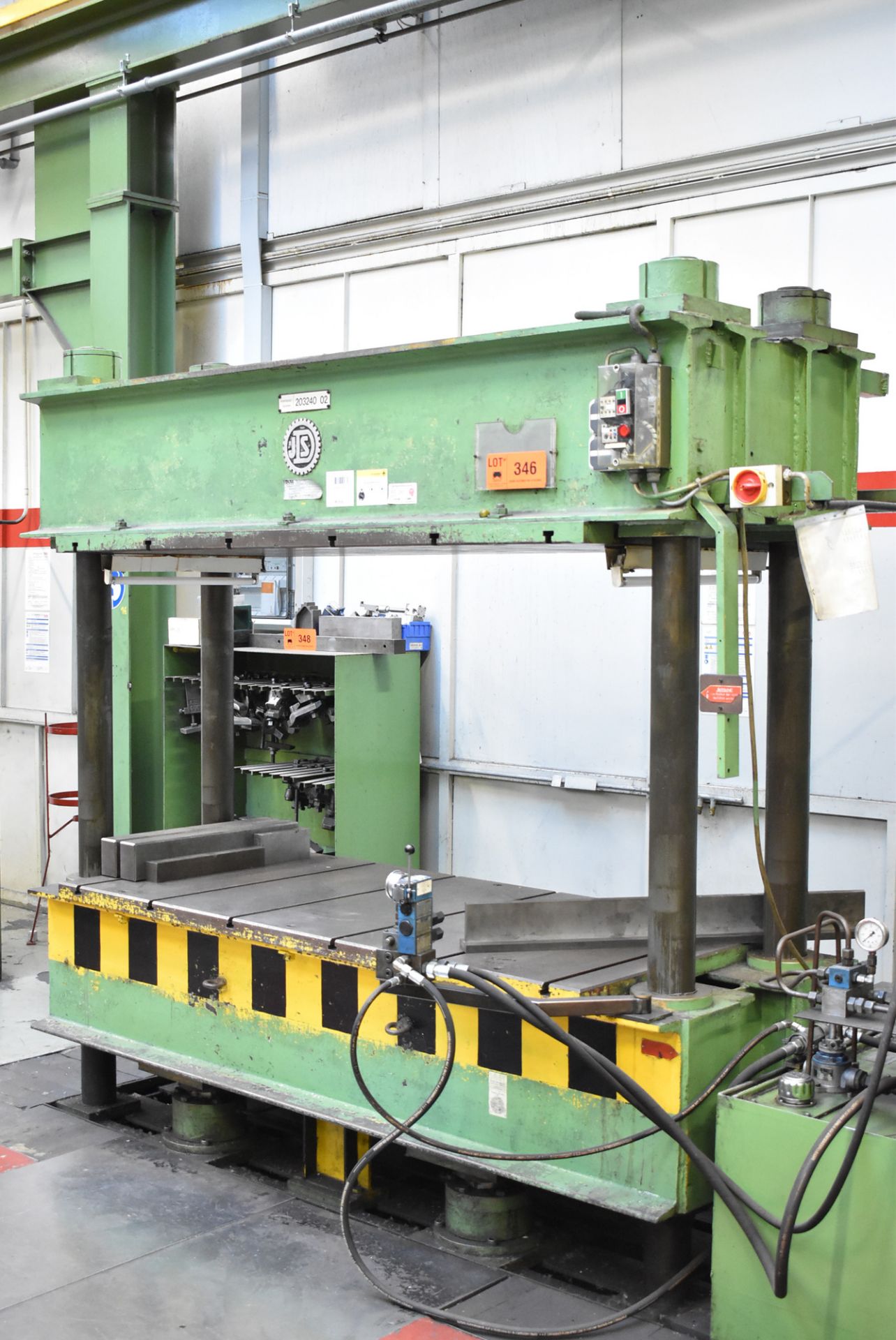 JDS 100 TON CAPACITY FOUR POST HYDRAULIC DIE TRYOUT PRESS WITH 2000 MM X 920 MM TABLE, S/N N/A (