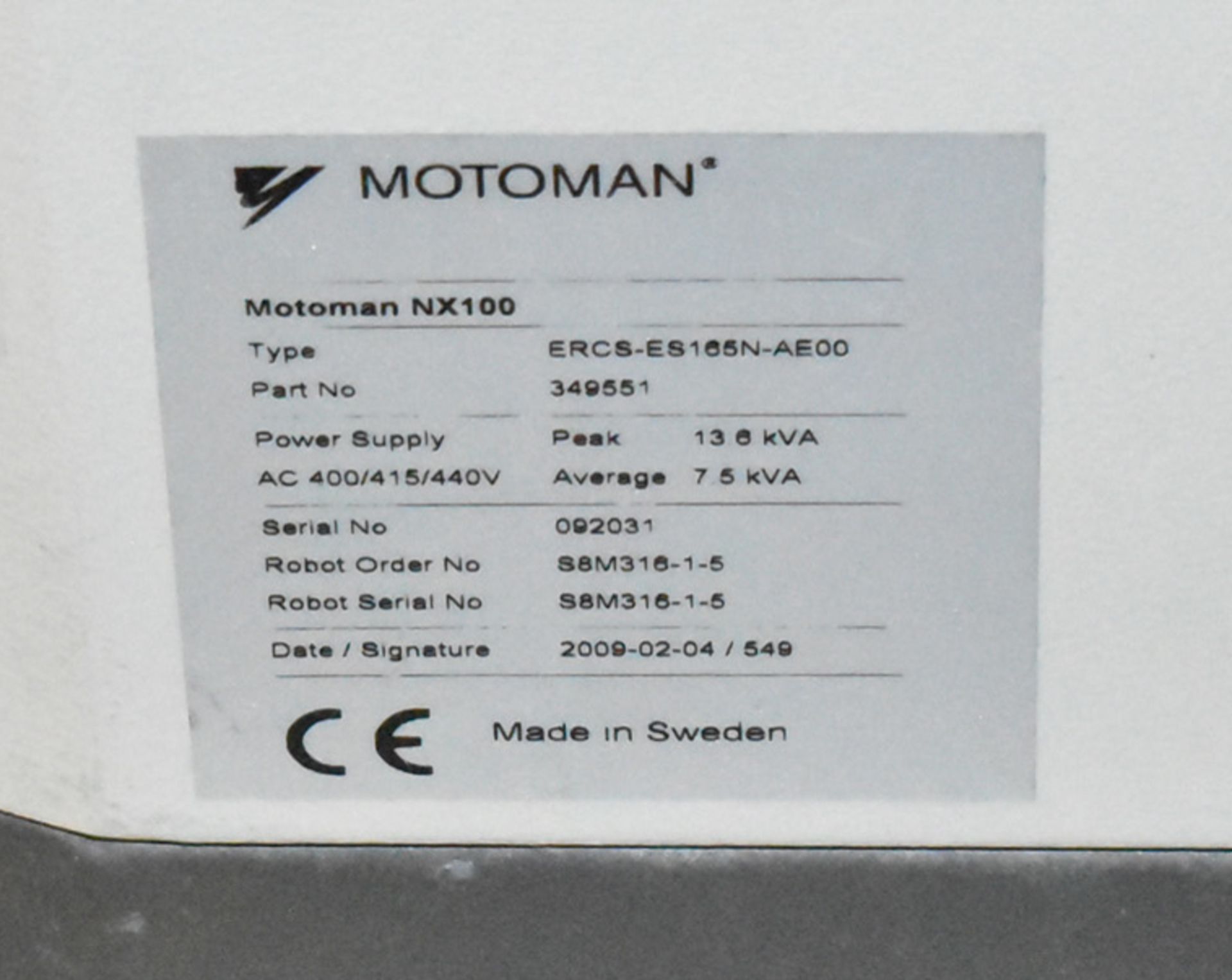 MOTOMAN (2009) NX100 6 AXIS ROBOT WITH TEACH PENDANT & CONTROL, S/N: 092031 (BAU 27) [Removal - Image 2 of 4