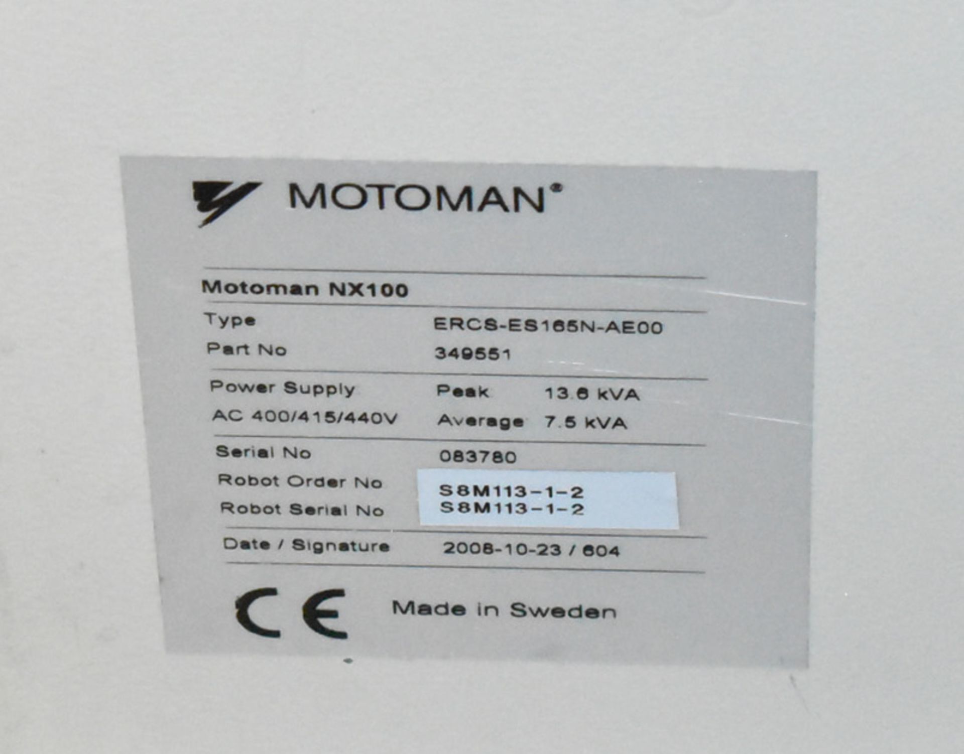 MOTOMAN (2008) NX100 6 AXIS ROBOT WITH TEACH PENDANT & CONTROL, S/N: 083780 (BAU 27) [Removal - Image 2 of 5