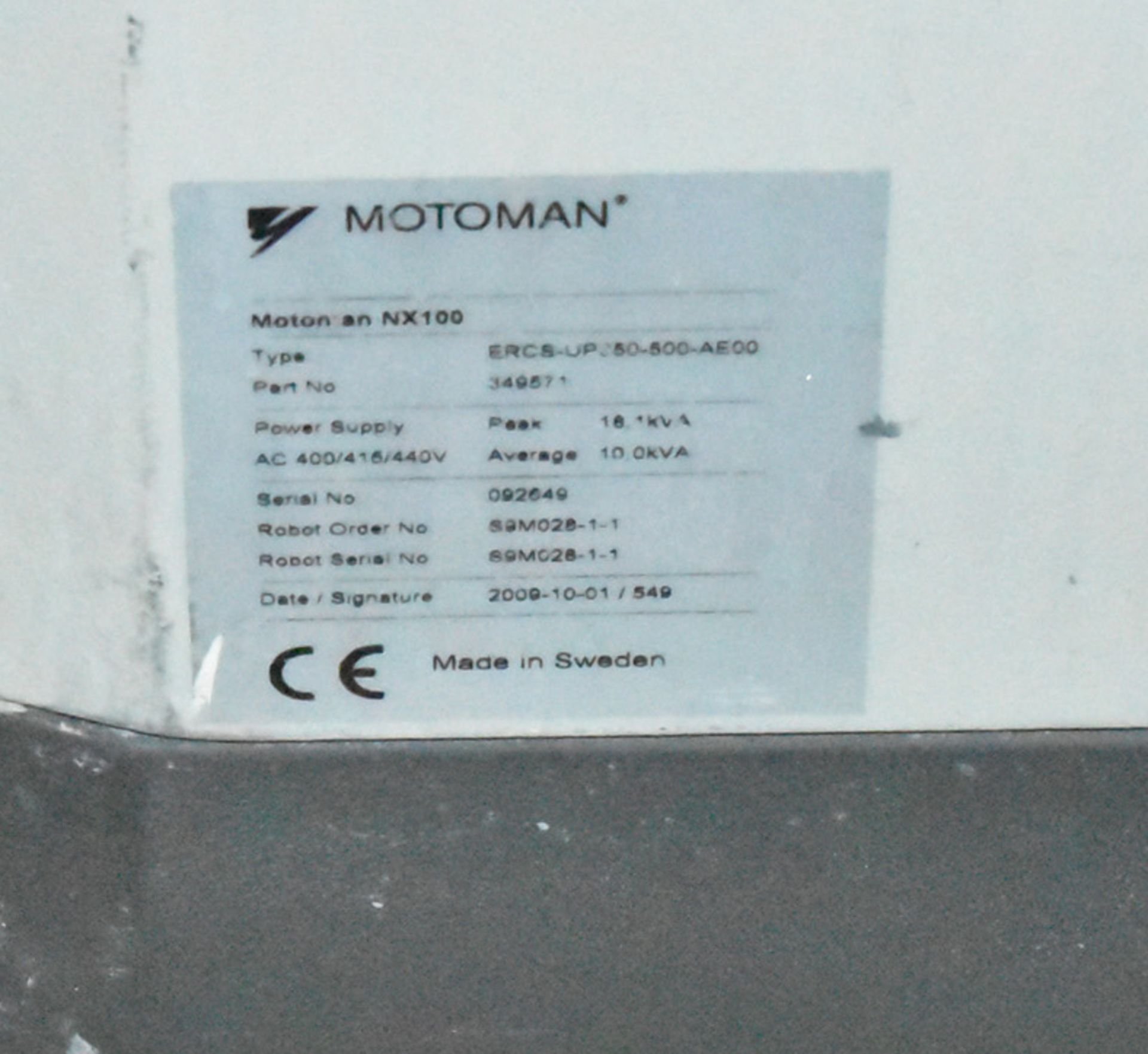 MOTOMAN (2009) NX100 6 AXIS ROBOT WITH TEACH PENDANT & CONTROL, S/N 092649 (BAU 27) [Removal Fee = € - Image 3 of 4