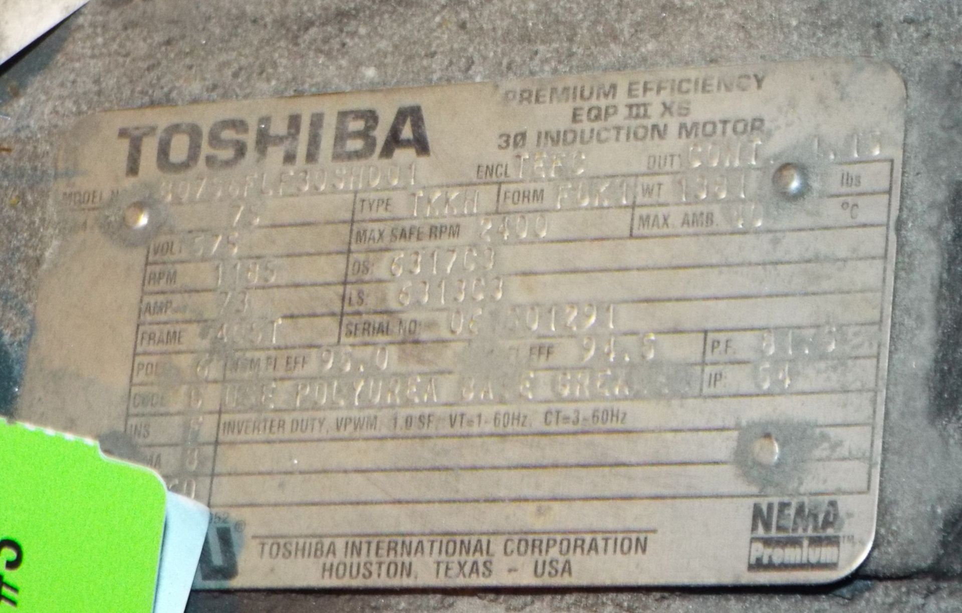 TOSHIBA 75 HP, 575V, 73 AMP, 2400 RPM, 3-PHASE INDUCTION MOTOR - Image 3 of 3