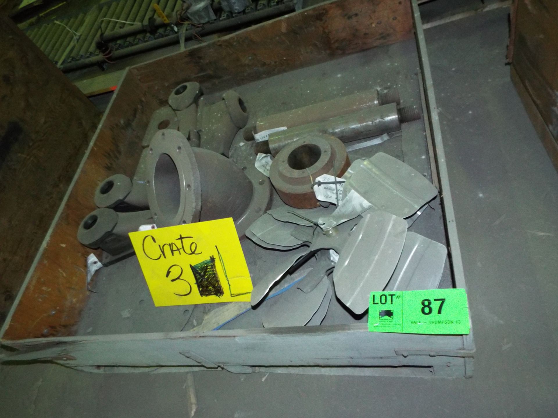 LOT/ CONTENTS OF CRATE - NORCAST ROLLER SUPPORTS, 6" 45 DEG. PIPE ELBOWS, FAN BLADES (PLT 3L)