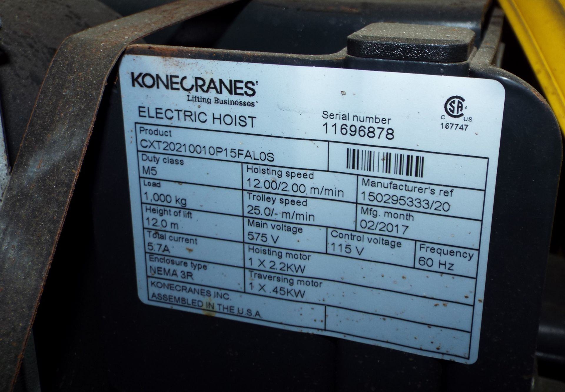 KONECRANE (2017) CXT ELECTRIC HOIST WITH 1000 LB. CAP., S/N: 11696878 (PLT NS-3T) - Image 3 of 7