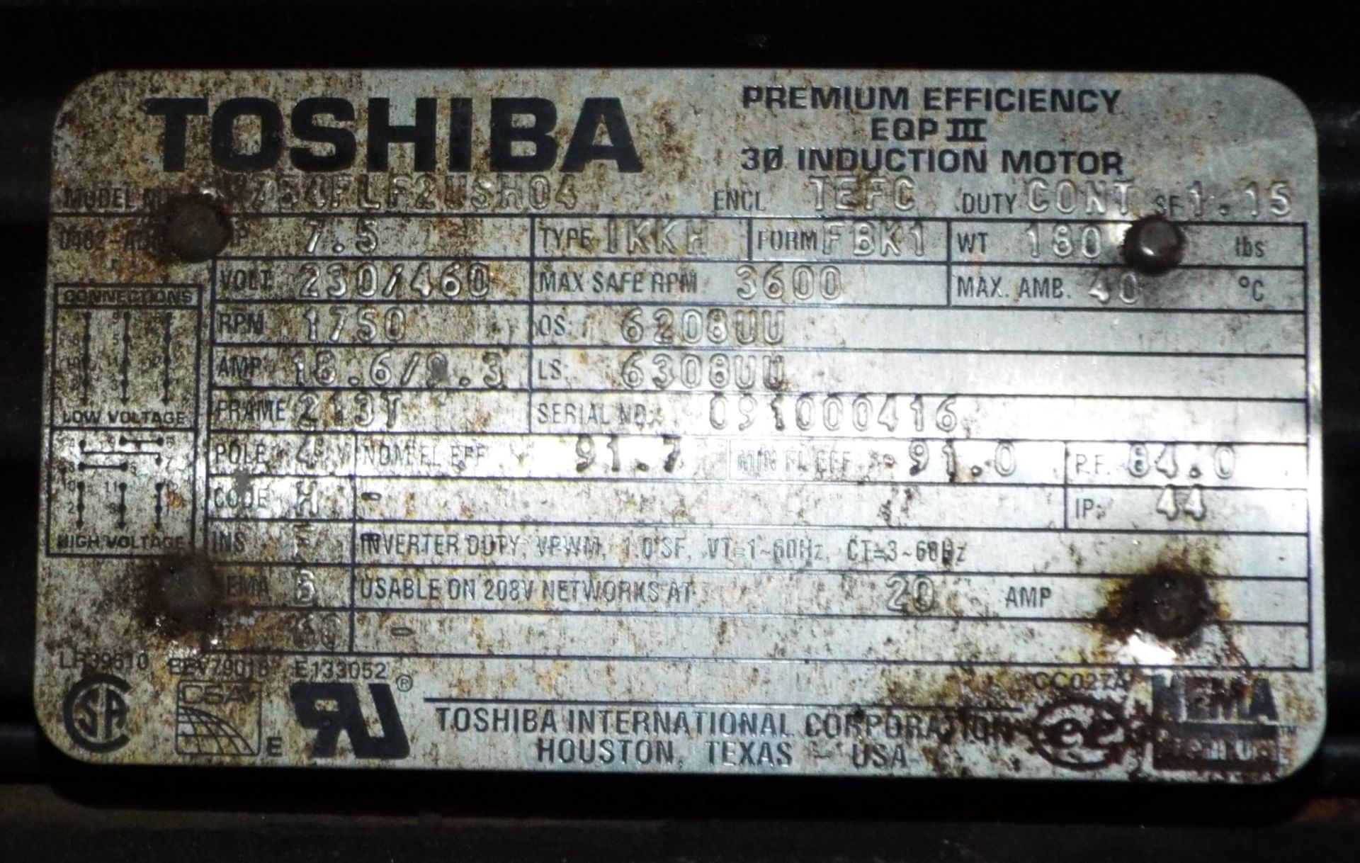 TOSHIBA INDUCTION MOTOR WITH 7.5 HP, 230/460V, 1750 RPM, 18.6/9.3A (PLT NS-3AA) - Image 2 of 2