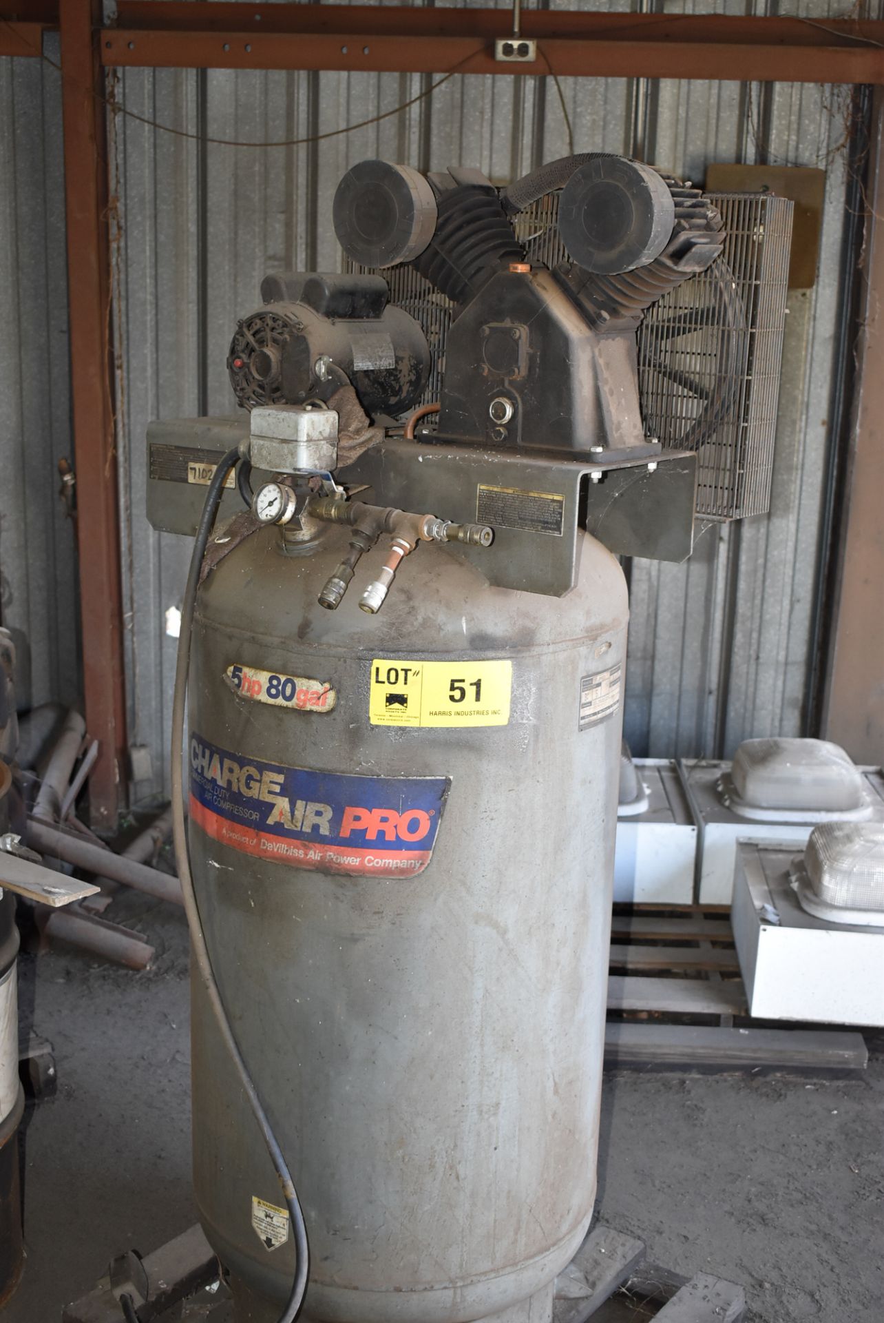 CHARGE AIR PRO TANK MOUNTED PISTON TYPE AIR COMPRESSOR WITH 5 HP, 80 GAL TANK, S/N N/A