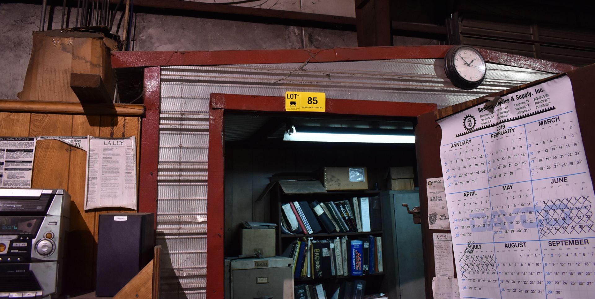 LOT/ METAL SHED WITH DESK AND CABINETS