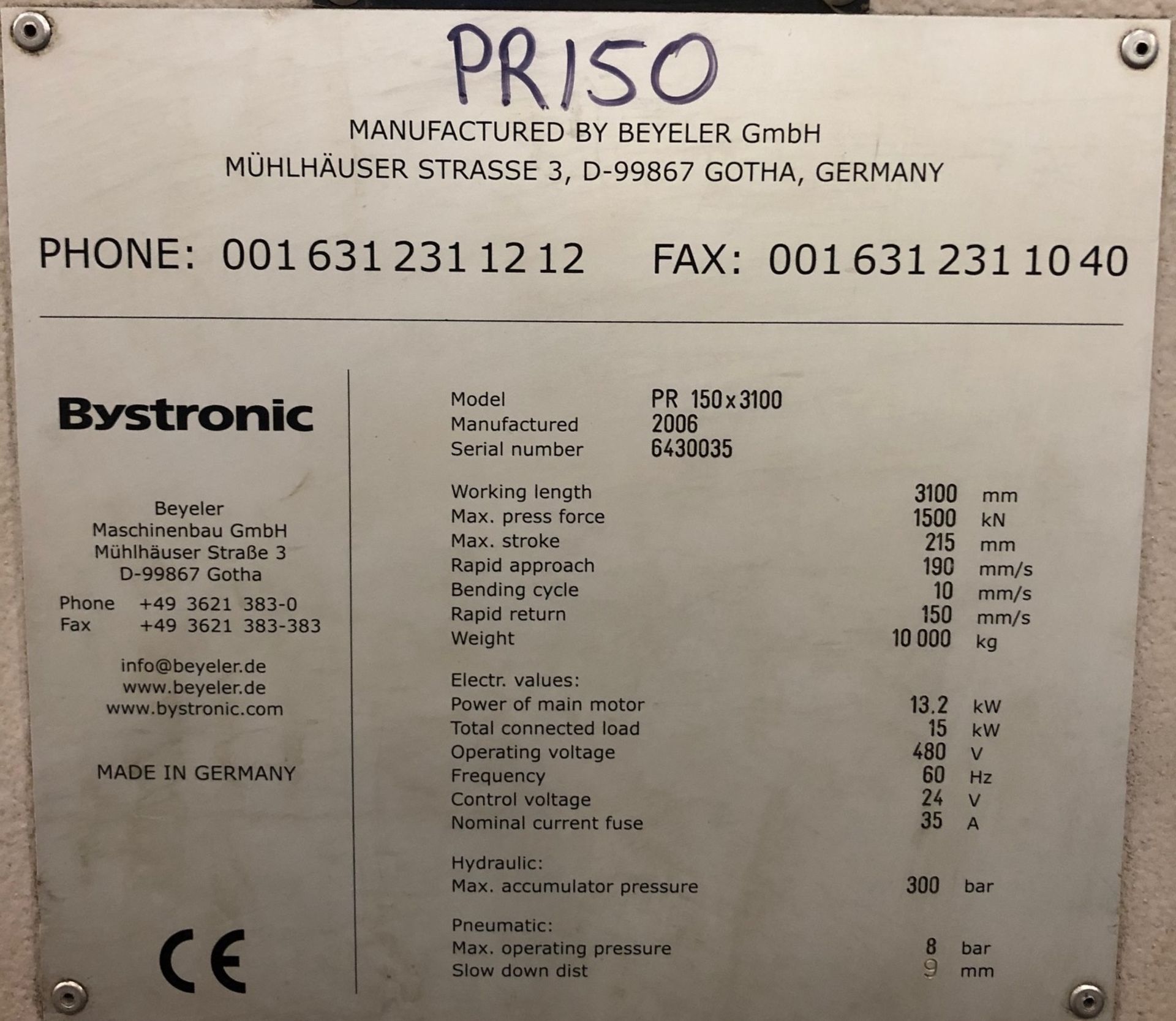 BYSTRONIC (2006) BEYELER PR 150 IPC PR150X3100 8 AXIS CNC PRESS BRAKE - Image 5 of 5