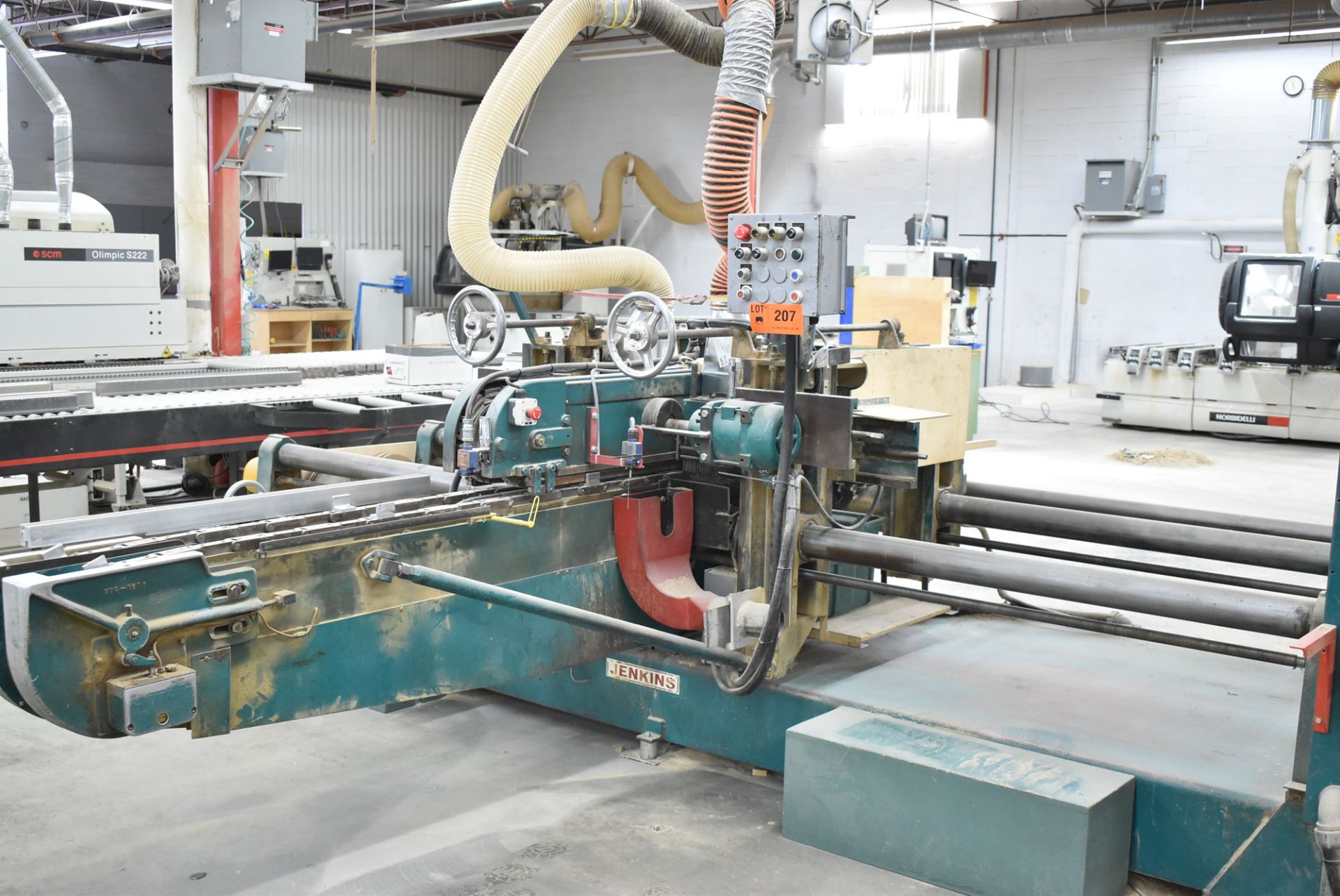 JENKINS MODEL 143 DOUBLE END TENONER SAW WITH 96" TRAVERSE, 48" INFEED BEAM LENGTH, SPEEDS TO 75