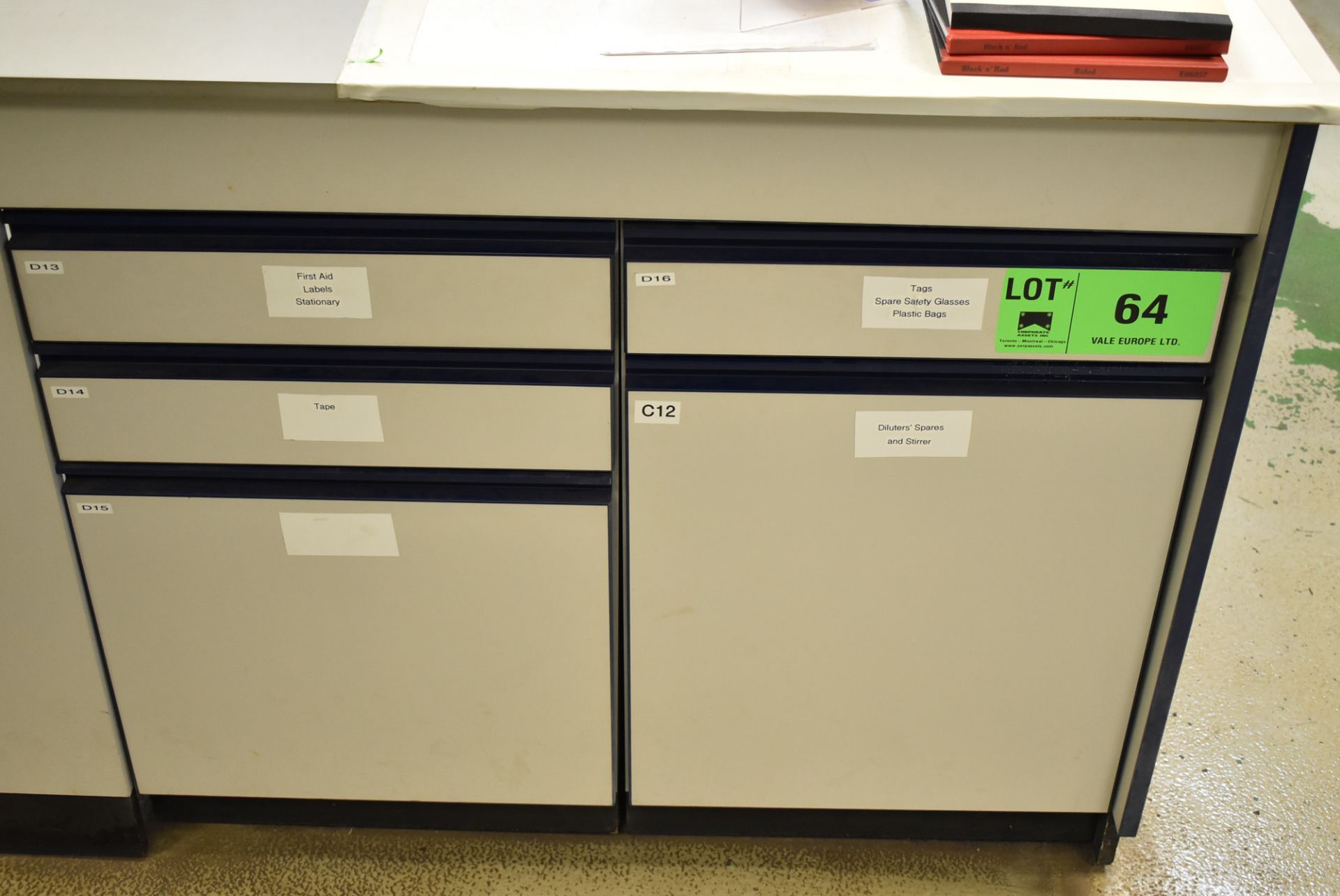 LOT/ 2 SECTION LAB STORAGE CABINET WITH CONTENTS - DILUTERS SPARES, STIRRER, STATIONARY, PLASTIC
