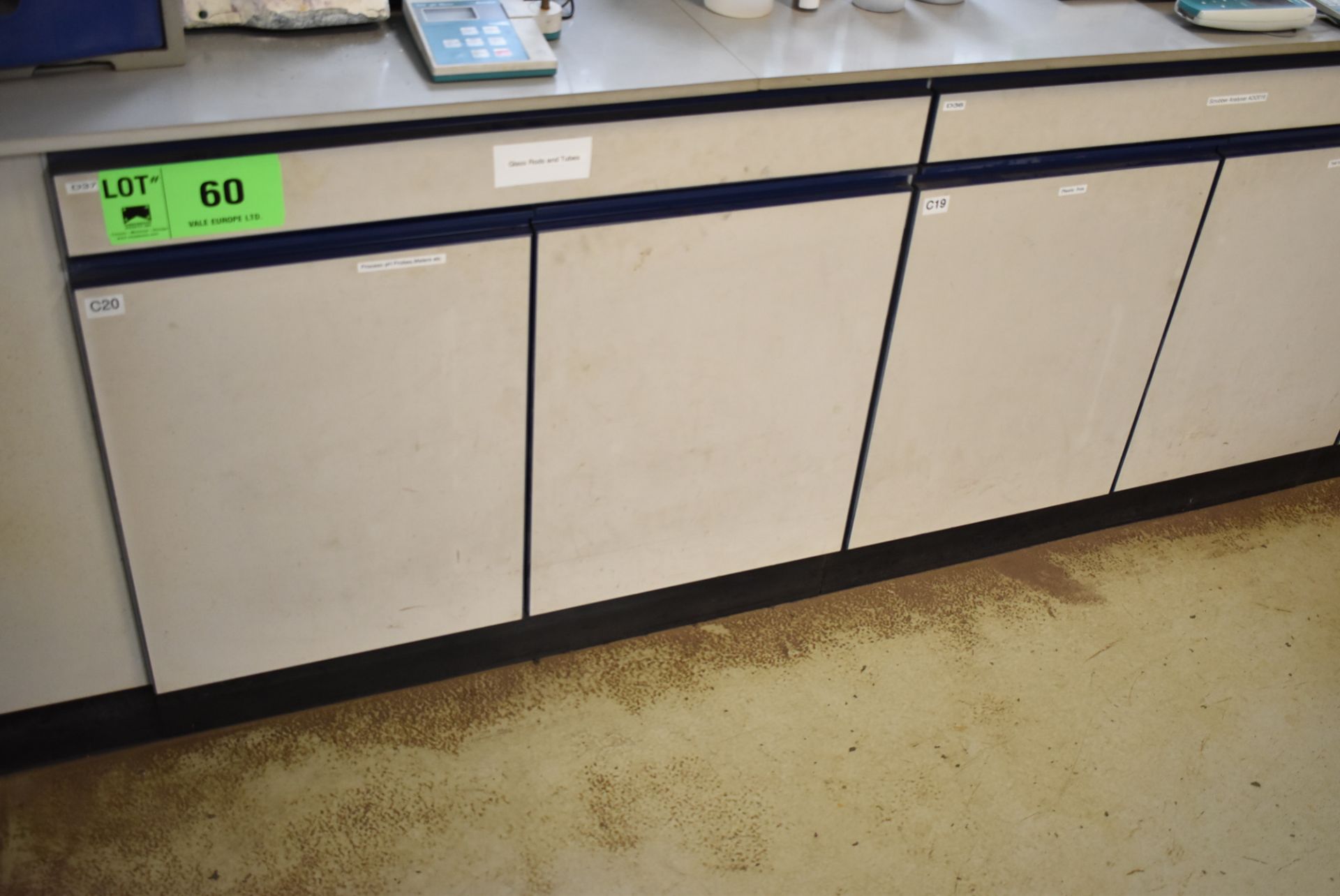 LOT/ 3 SECTION LAB STORAGE CABINET WITH CONTENTS - GLASSWARE, PROCESS PH PROBES & METERS, SURPLUS