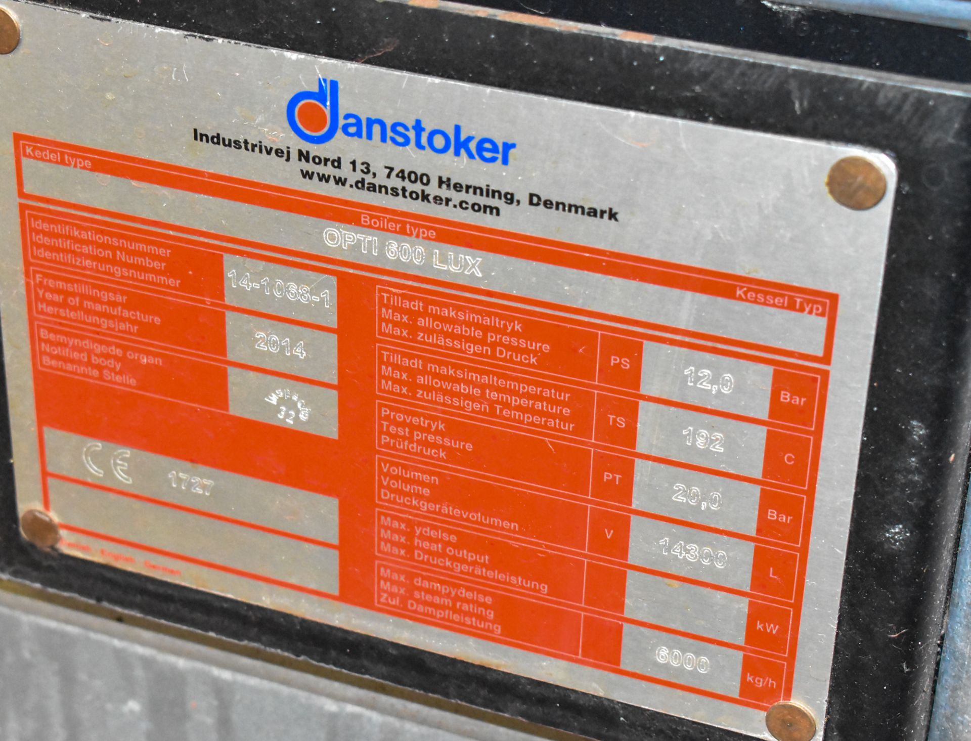 DANSTOKER (2014) OPTI 600 LUX 14,300L NATURAL GAS STEAM BOILER WITH 192 DEG C MAX ALLOWABLE TEMP, - Image 6 of 6