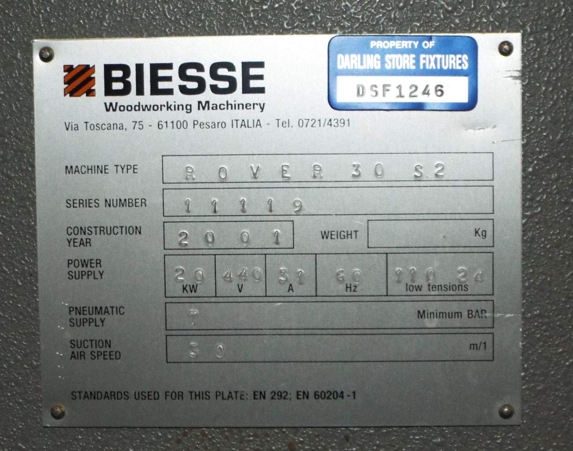 BIESSE (2001) ROVER30 3 AXIS CNC ROUTER WITH BIESSE CNC CONTROL, TRAVELS: X - 135"; Y - 61"; Z - - Image 10 of 10