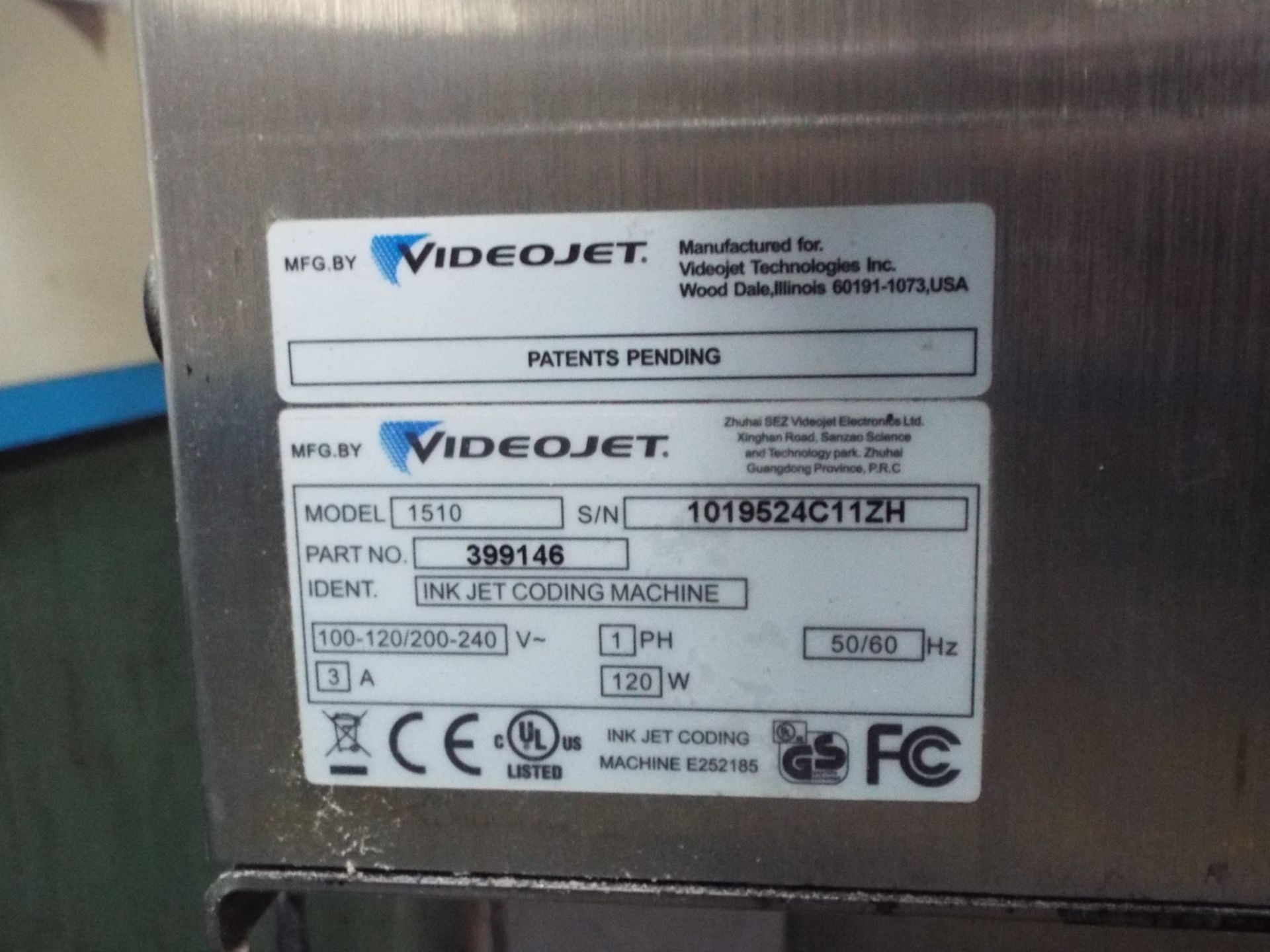 VIDEOJET MODEL 1510 INKJET CODING MACHINE, S/N: 1019524C11ZH - Image 3 of 3