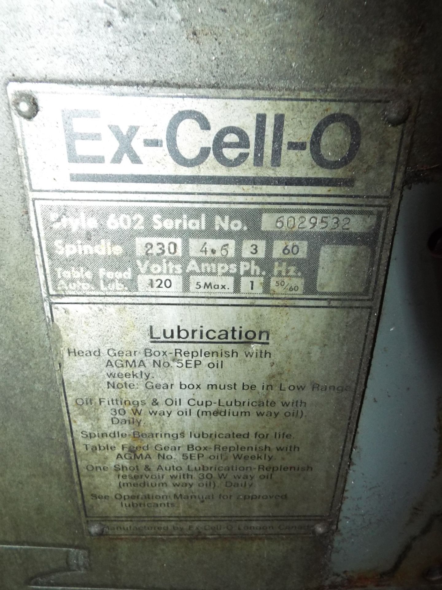 EX-CELL-O NO. 602 VERTICAL MILLING MACHINE WITH 9"X52" TABLE, SPEEDS TO 4000 RPM, 1.5 HP, S/N: - Image 5 of 5