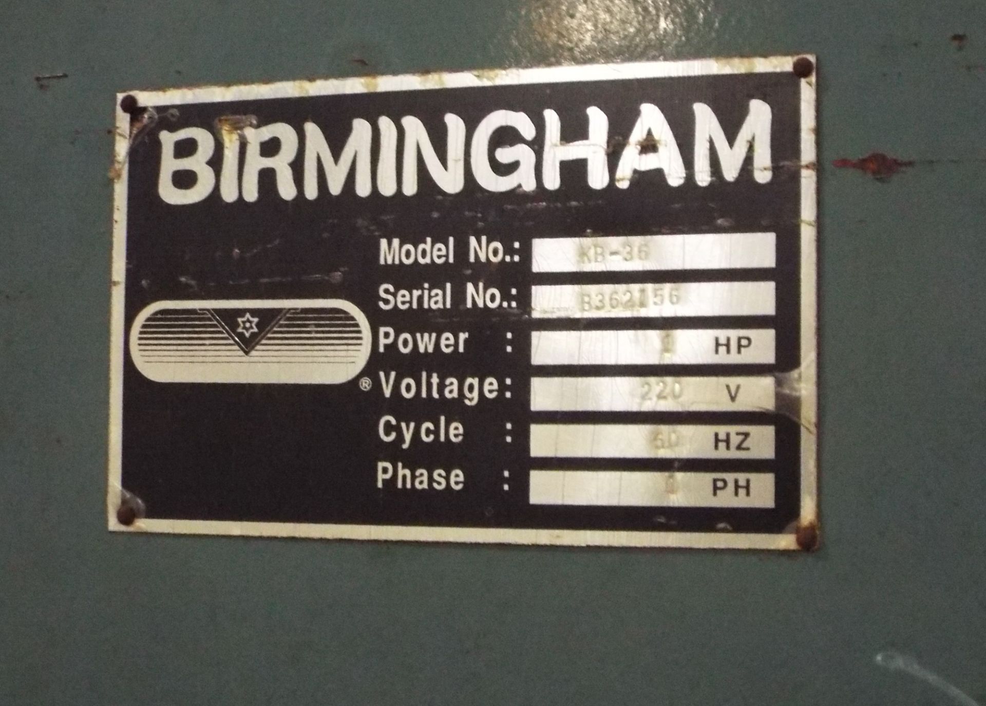 BIRMINGHAM KB-36 METAL CUTTING VERTICAL BAND SAW WITH 16"X20" TABLE, 14" THROAT, 9" MAX. WORK - Image 7 of 7