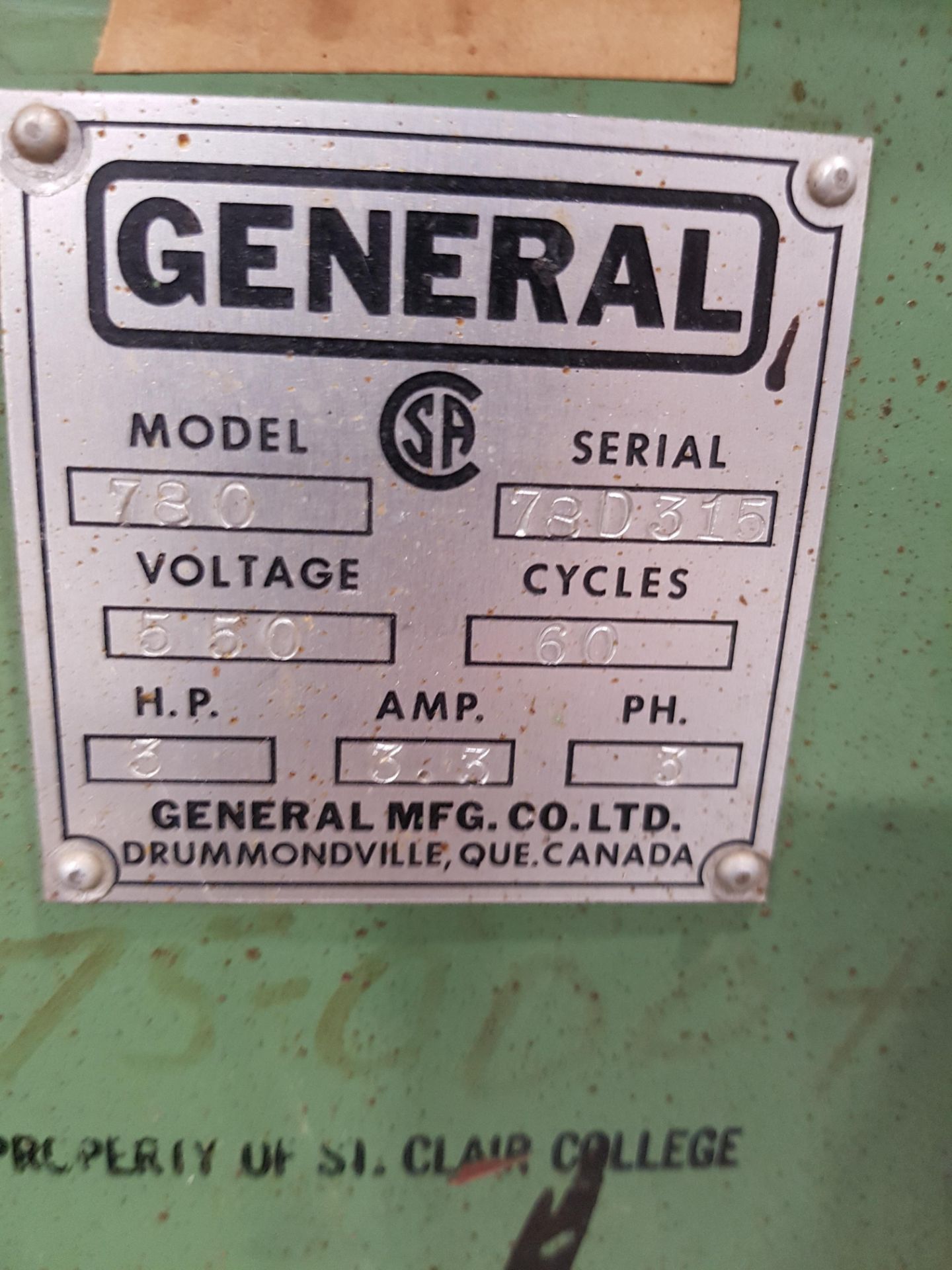 GENERAL MODEL 789 JOINTER PLANER, S/N 730715 (LOCATED IN WINDSOR ONTARIO) (CI) [RIGGING FEE FOR - Image 2 of 2