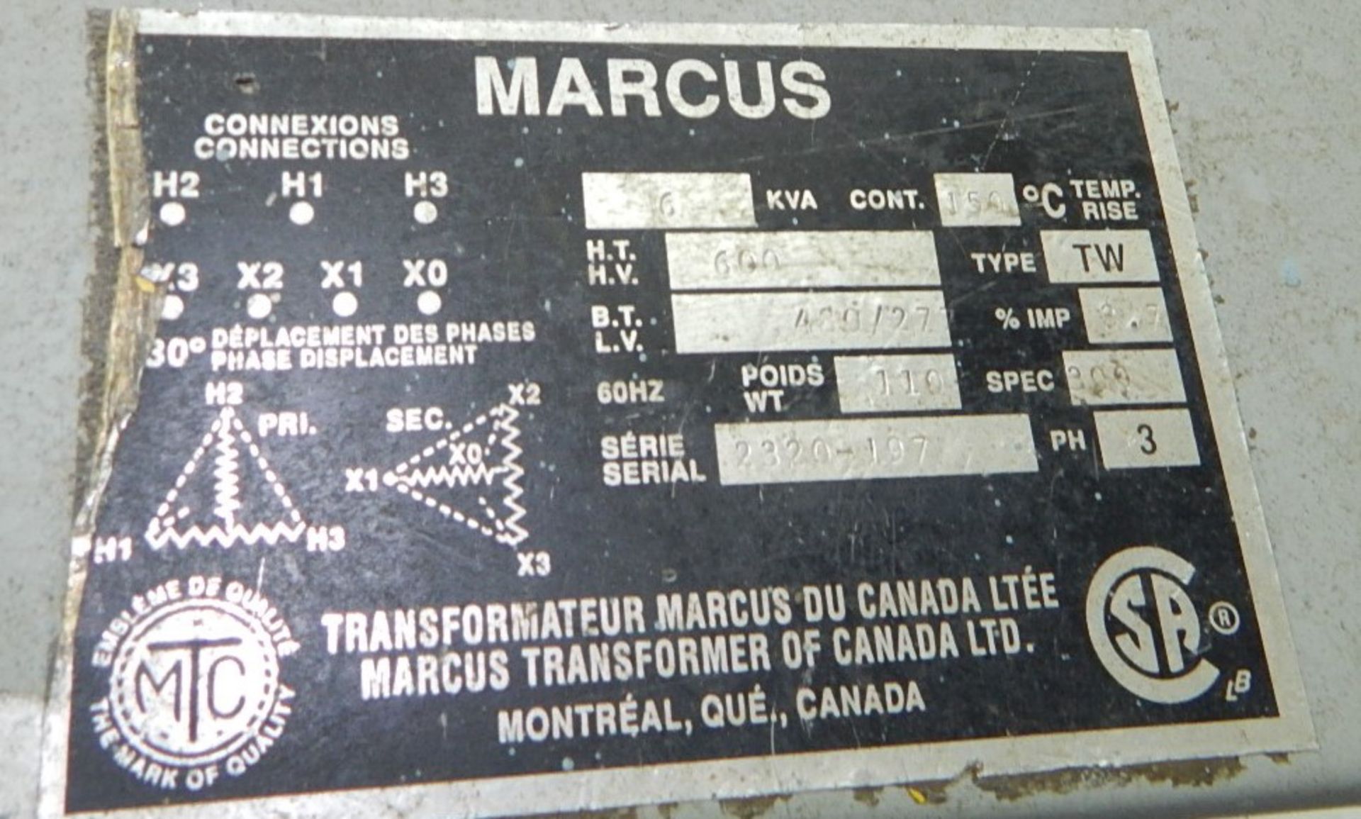 MARCUS 6KVA TRANSFORMER (27-600V, 3PH, 60HZ), S/N: N/A (CI) [RIGGING FEE FOR LOT 128 - $75 CDN + - Image 2 of 2