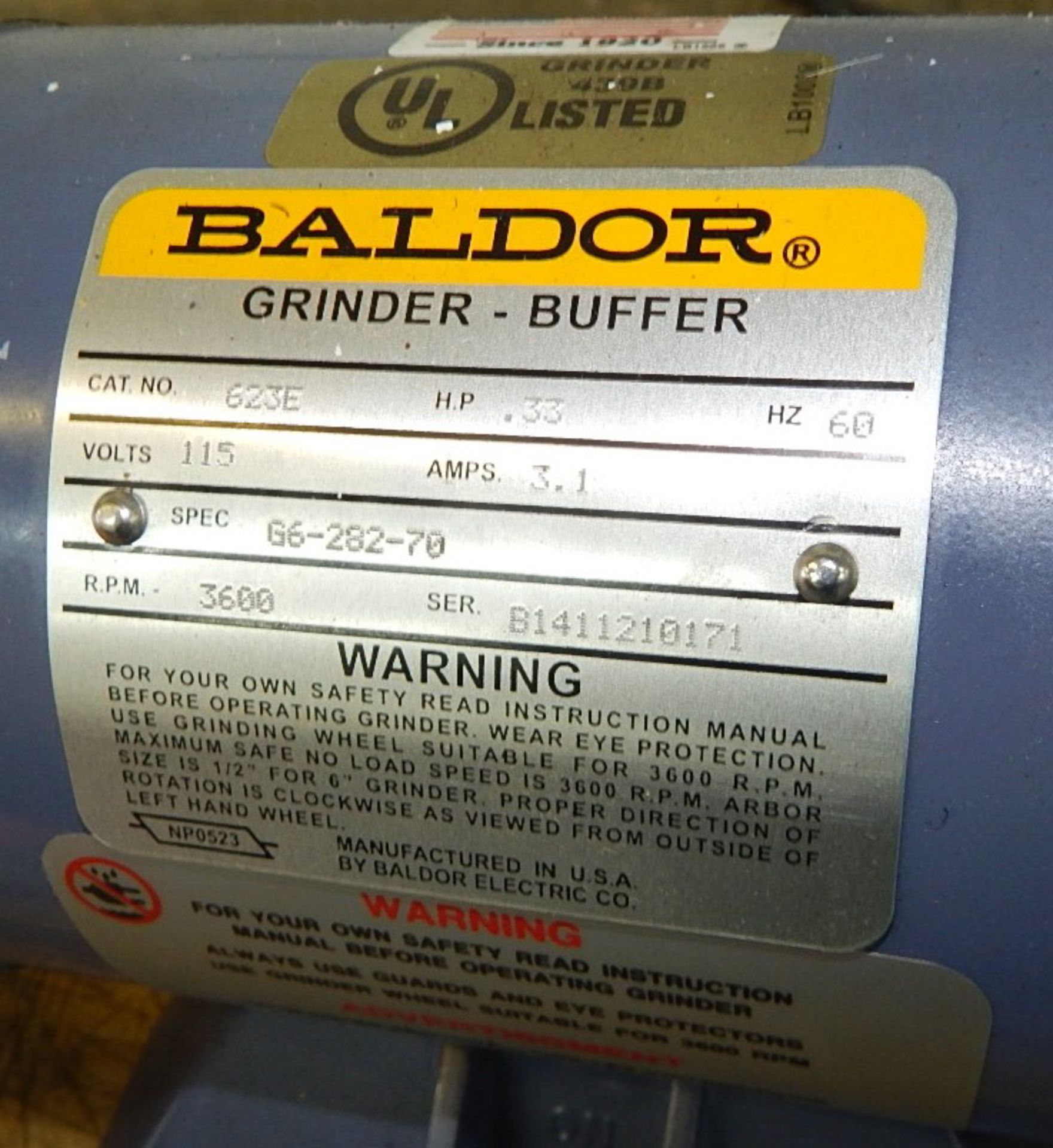 BALDOR DOUBLE-END BENCH GRINDER, S/N: N/A - Image 3 of 3