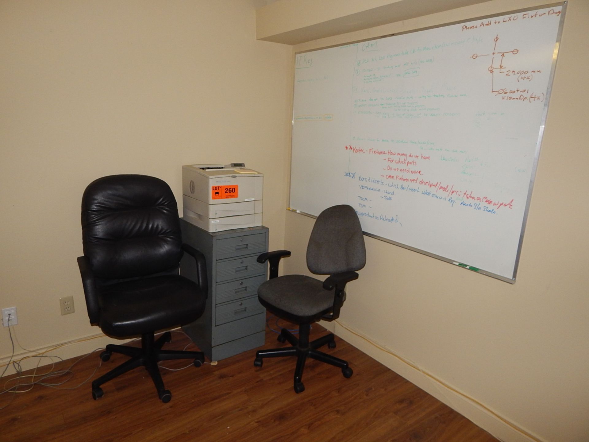 LOT/ OFFICE CHAIRS, FILE CABINETS AND WHITE BOARD