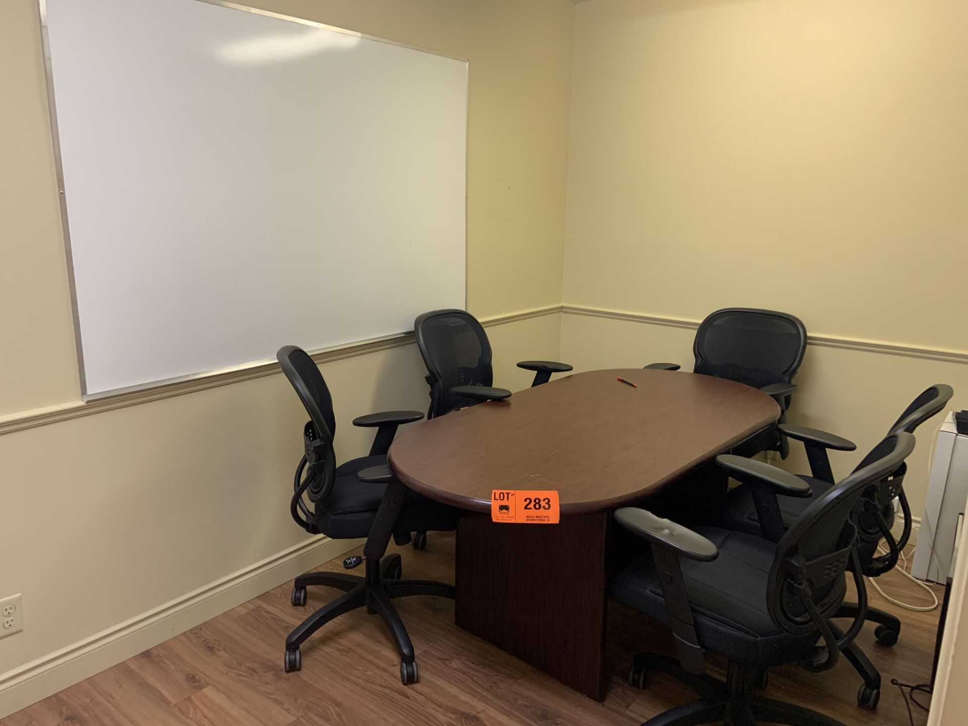 LOT/ CONTENTS OF OFFICE CONSISTING OF MEETING TABLE (5) CHAIRS WHITE BOARD AND FILE CABINET