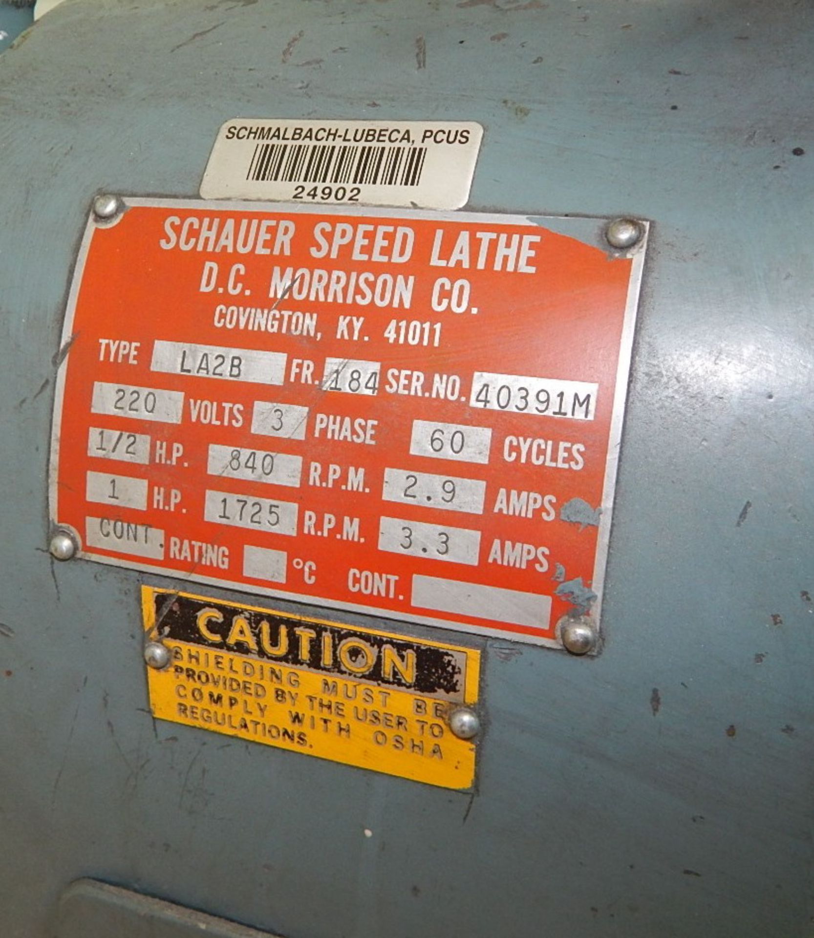 SCHAUER LA2B 1 HP 2 SPEED BENCH TYPE SPEED LATHE WITH 6" 6-JAW CHUCK, 220V/60HZ/3PH, S/N 40391M - Image 2 of 2