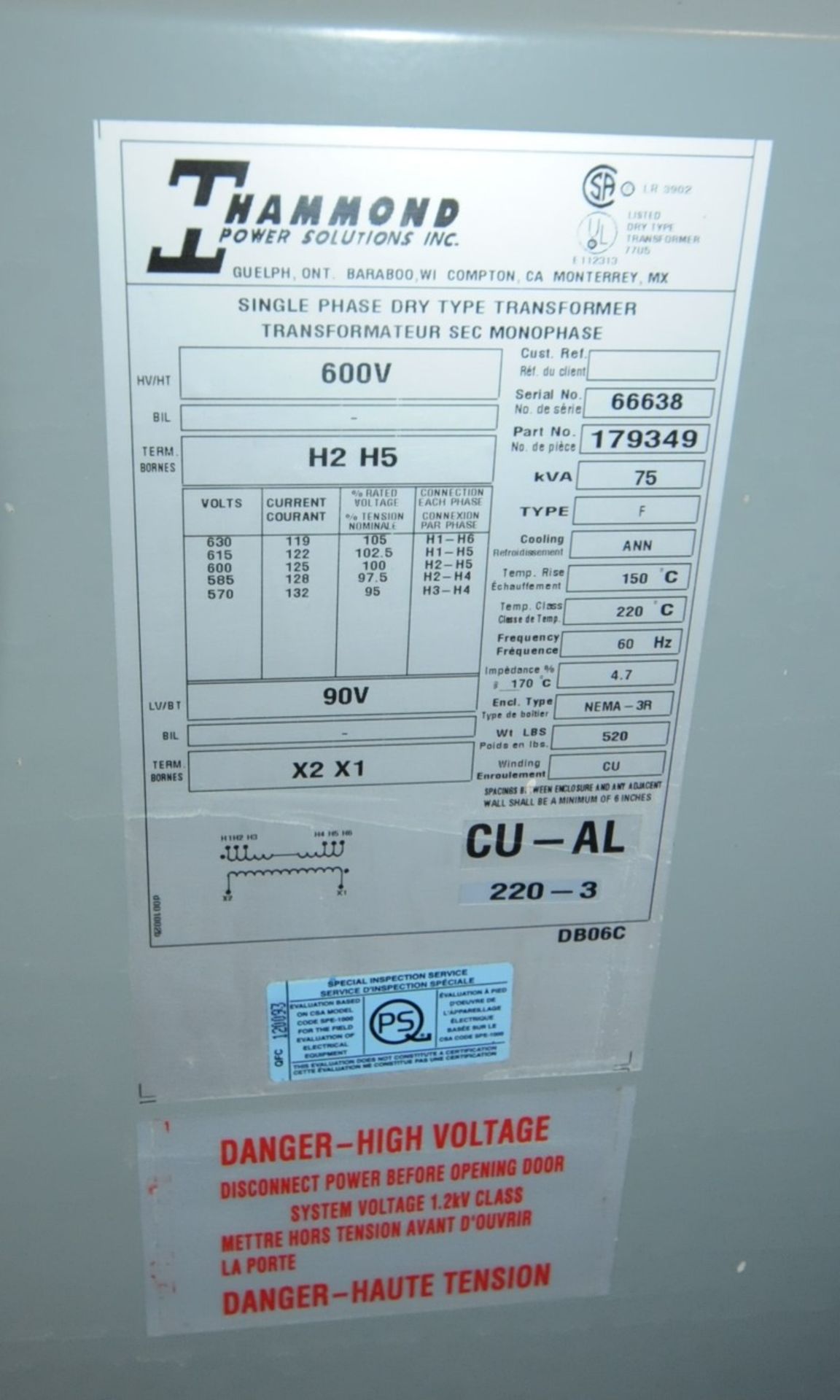 HAMMOND 75 KVA 600V SINGLE PHASE DRY TYPE TRANSFORMER (CI) - Image 2 of 2