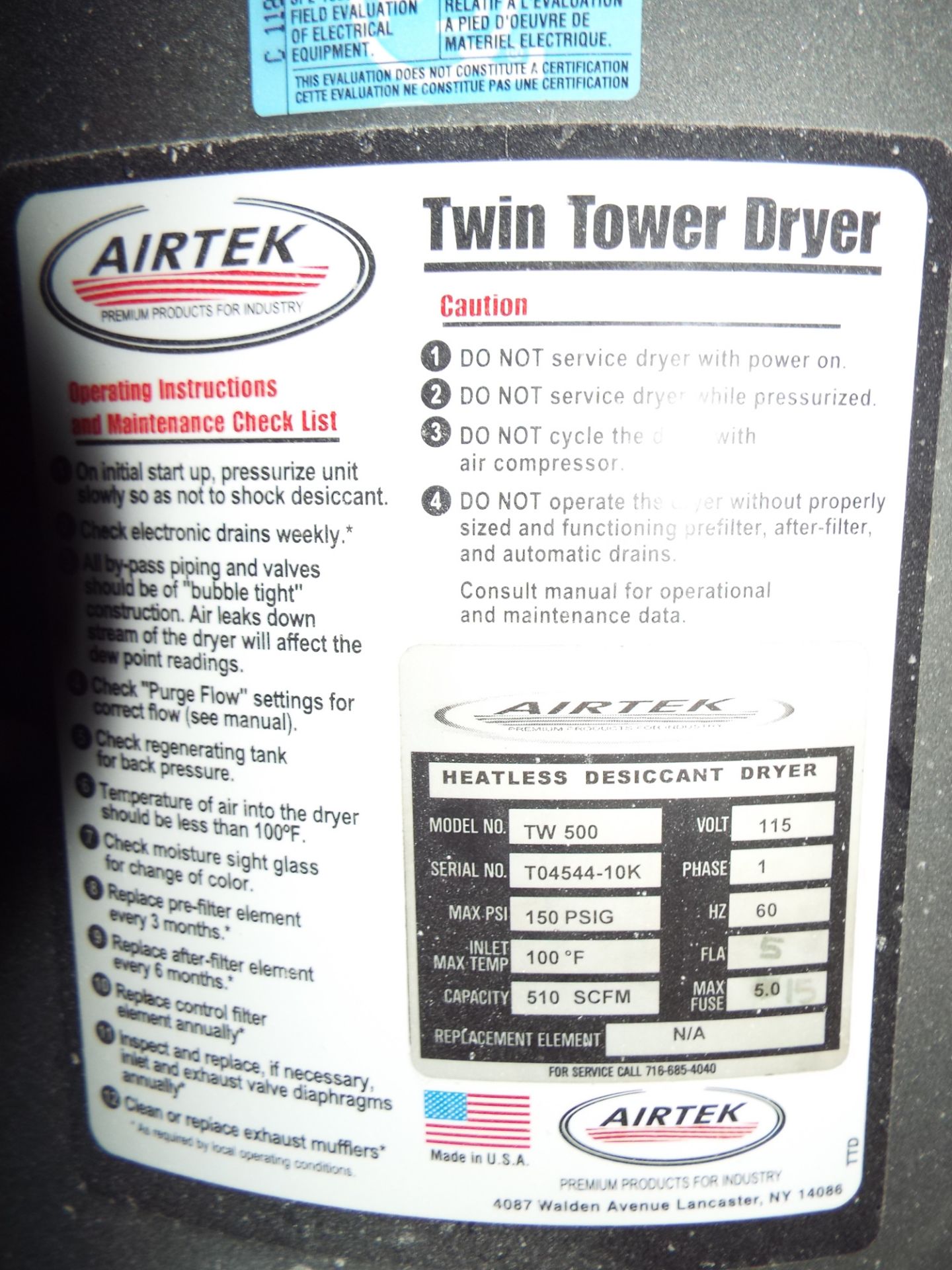 AIRTEK TW500 TWIN TOWER DESICCANT AIR DRYER SYSTEM WITH AIR COOLED HEAT EXCHANGER AND COOLING - Image 2 of 6