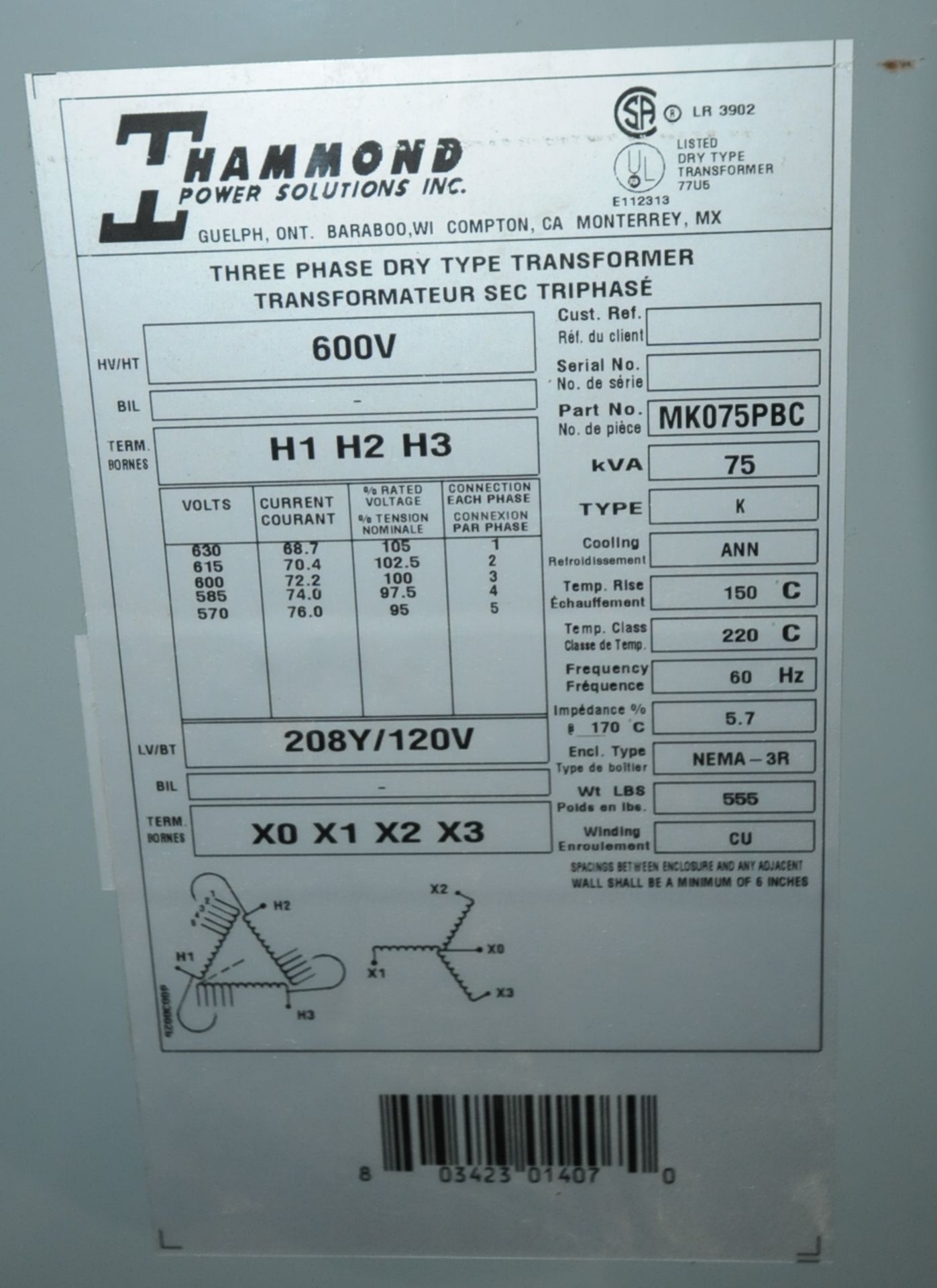 LOT/ HAMMOND 75 KVA 600V 3 PHASE DRY TYPE TRANSFORMER WITH EATON CUTLER-HAMMER 600V DISCONNECT BOX - Image 2 of 4