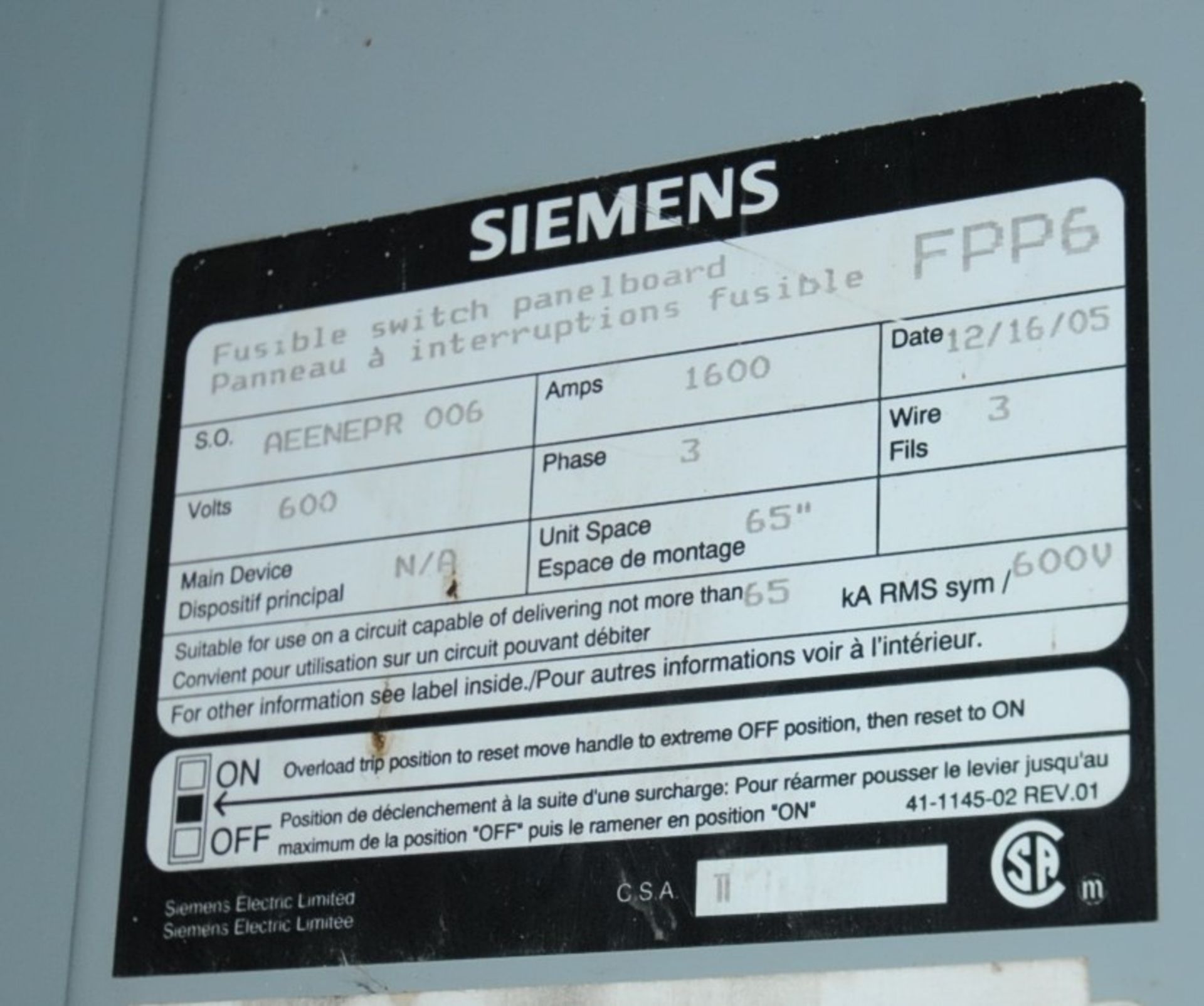 LOT/ (2) SIEMENS (2005) FUSABLE SWITCH PANEL BOARDS (CI) - Image 4 of 4