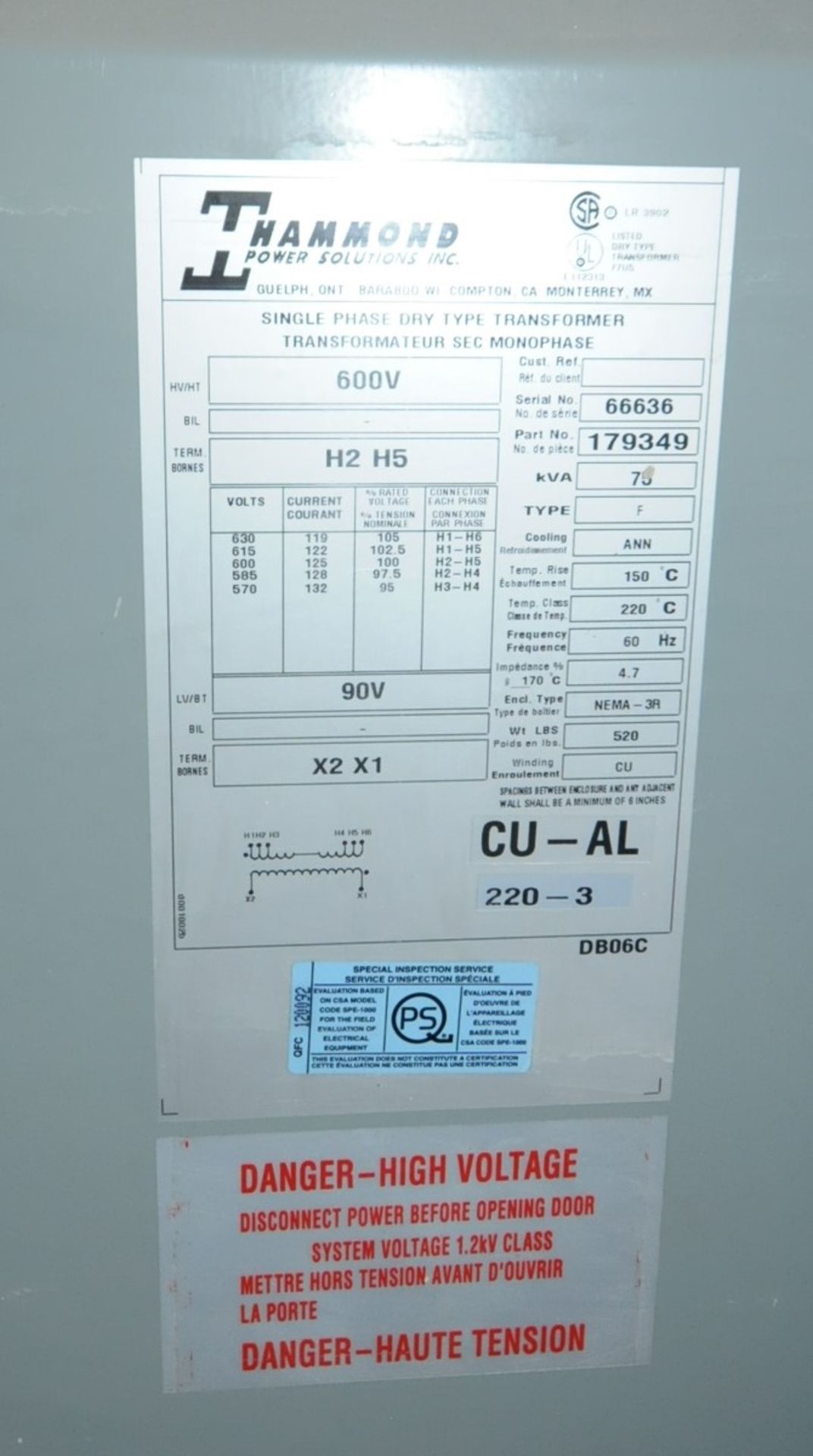 HAMMOND 75 KVA 600V SINGLE PHASE DRY TYPE TRANSFORMER (CI) - Image 2 of 2