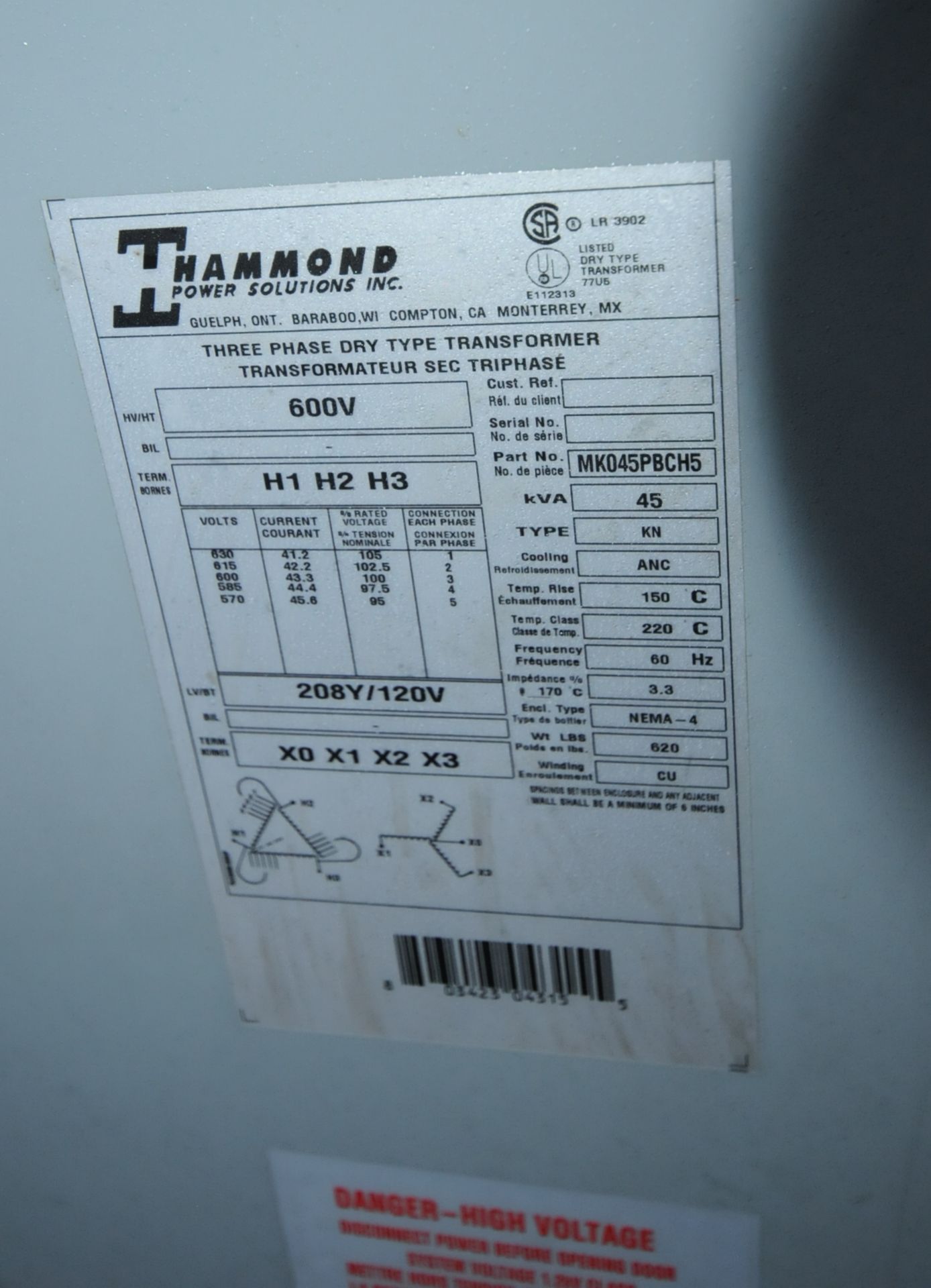 HAMMOND 45 KVA 600V 3 PHASE DRY TYPE TRANSFORMER (CI) - Image 2 of 2