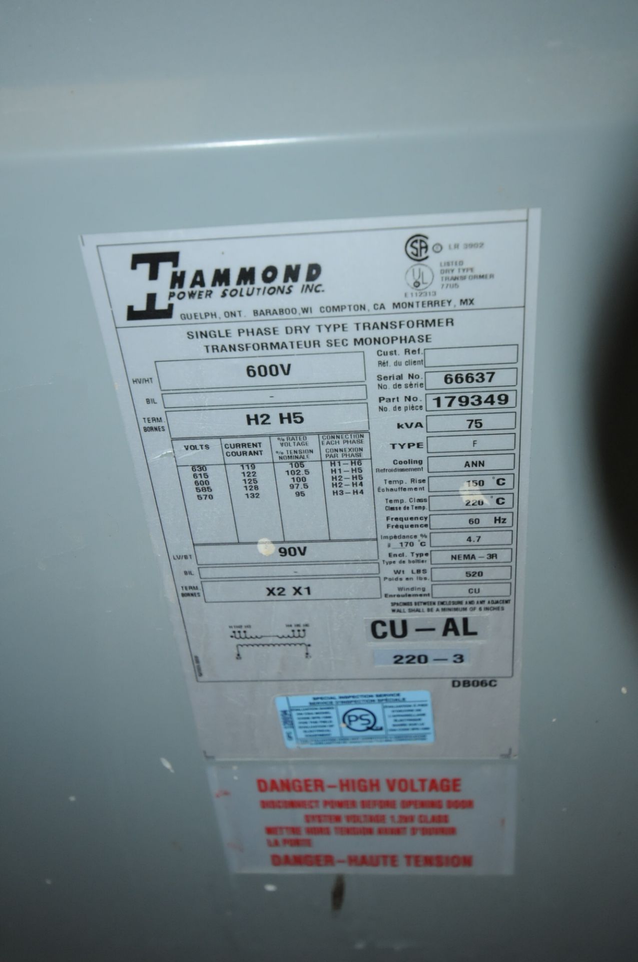 HAMMOND 75 KVA 600V SINGLE PHASE DRY TYPE TRANSFORMER (CI) - Image 2 of 2