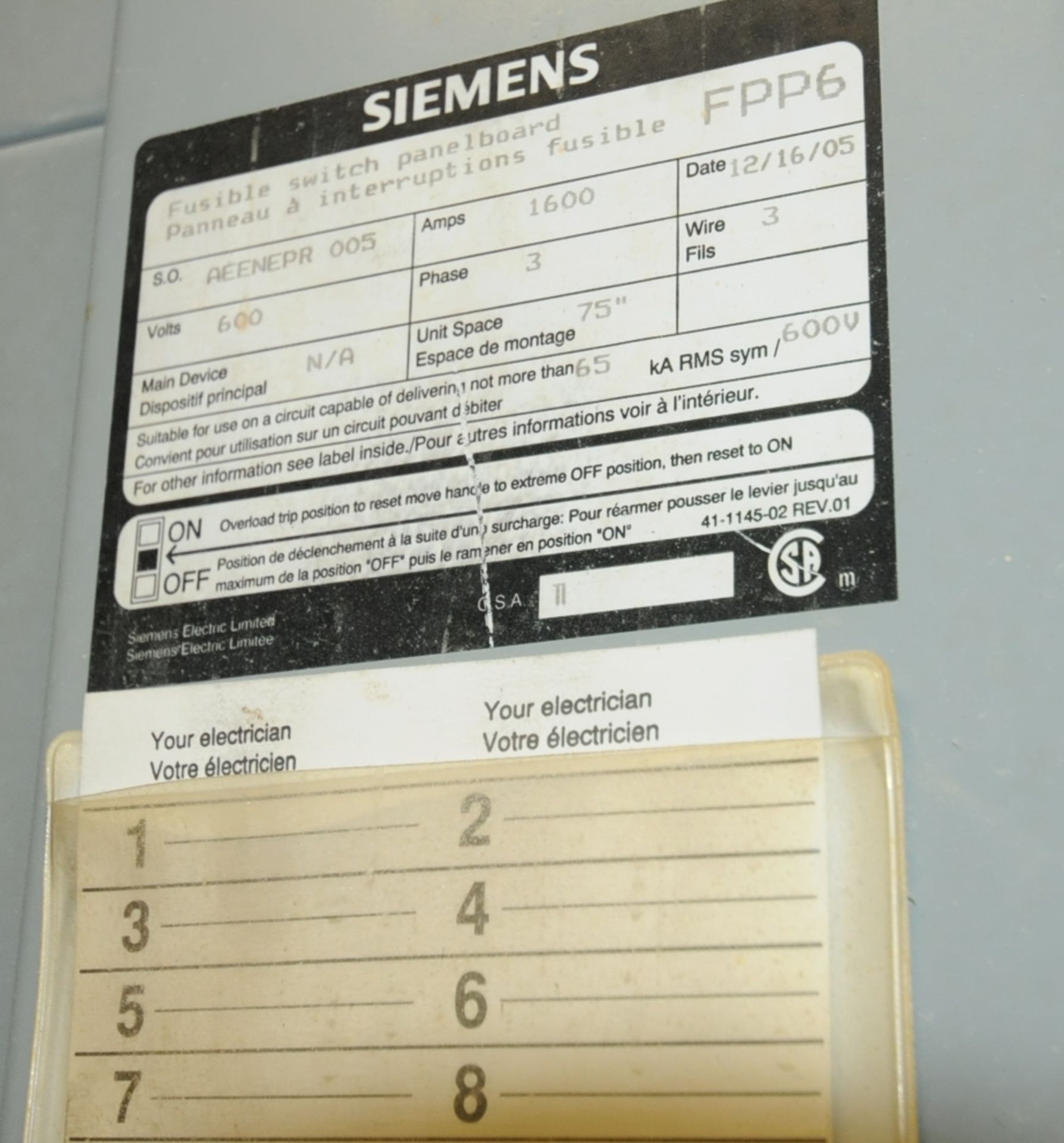 SIEMENS (2005) 600V FUSABLE SWITCH PANEL BOARD (CI) - Image 3 of 3