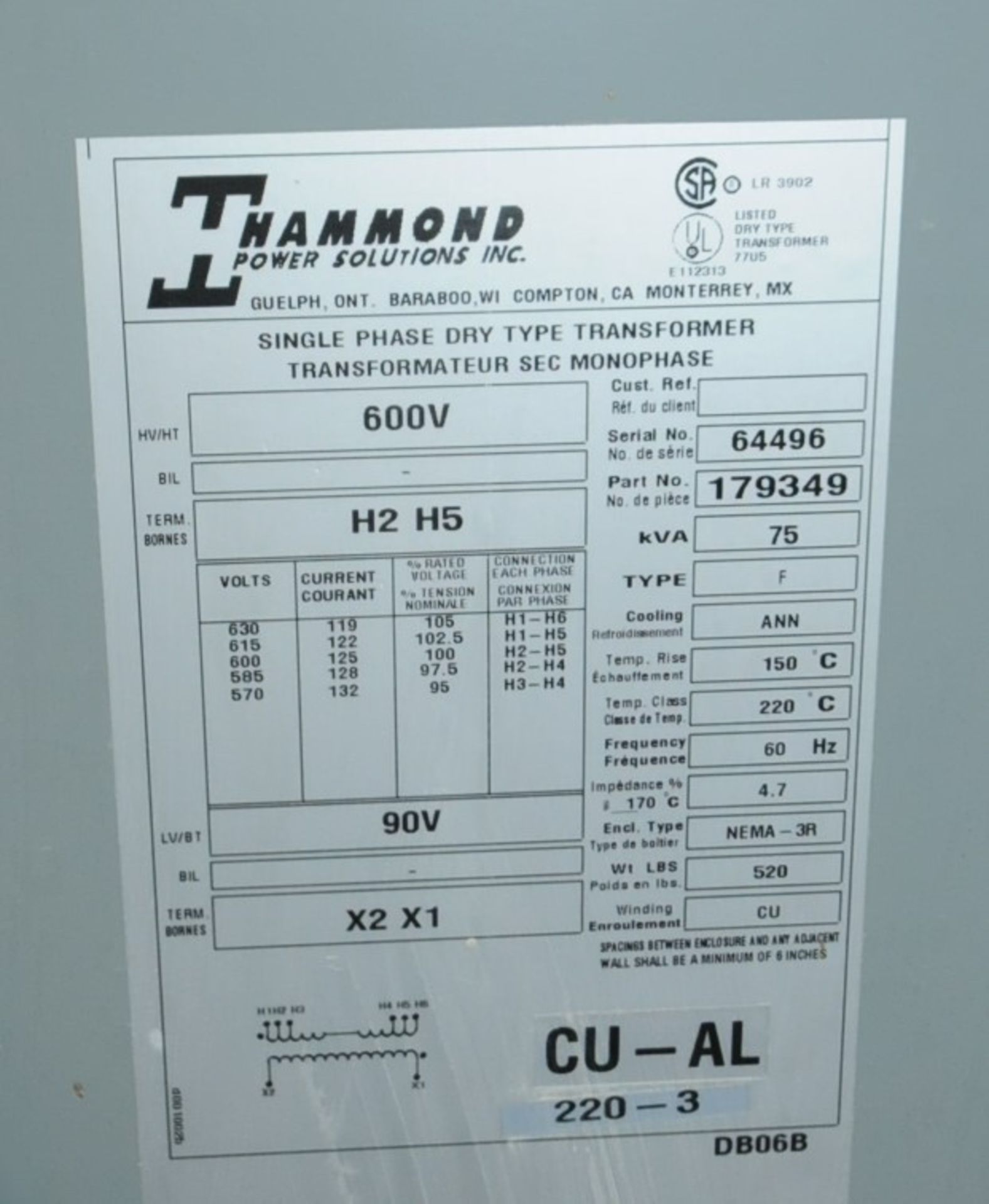 HAMMOND 75 KVA 600V SINGLE PHASE DRY TYPE TRANSFORMER (CI) - Image 2 of 2