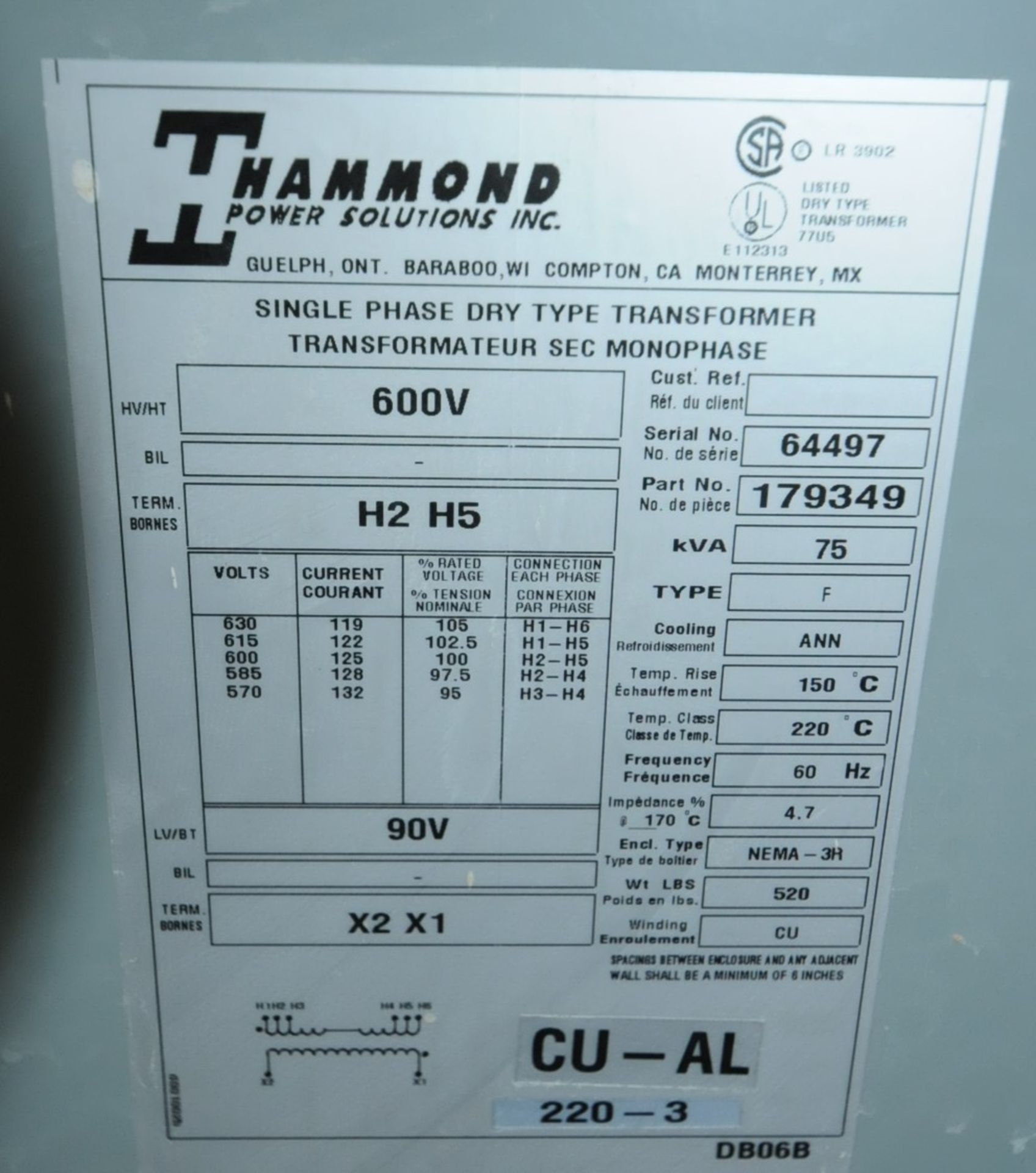 HAMMOND 75 KVA 600V SINGLE PHASE DRY TYPE TRANSFORMER (CI) - Image 2 of 2